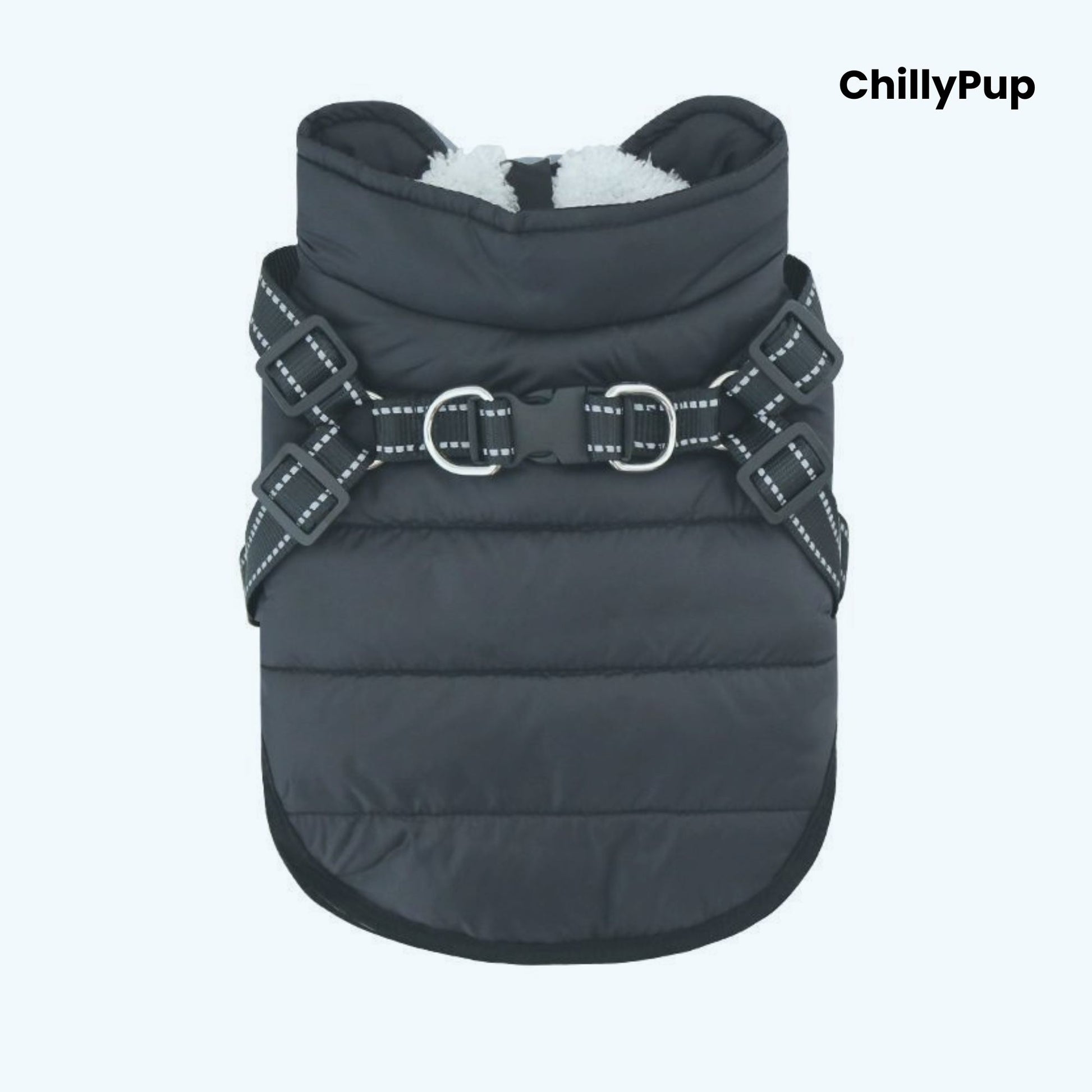 Dog coat with build in harness on a white background branded with chillypup 