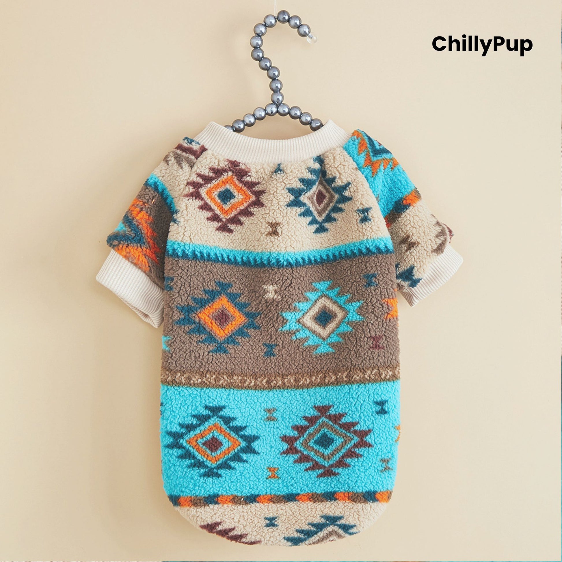 Aztec Sherpa Dog Jumper on a cream background with Chillypup branding