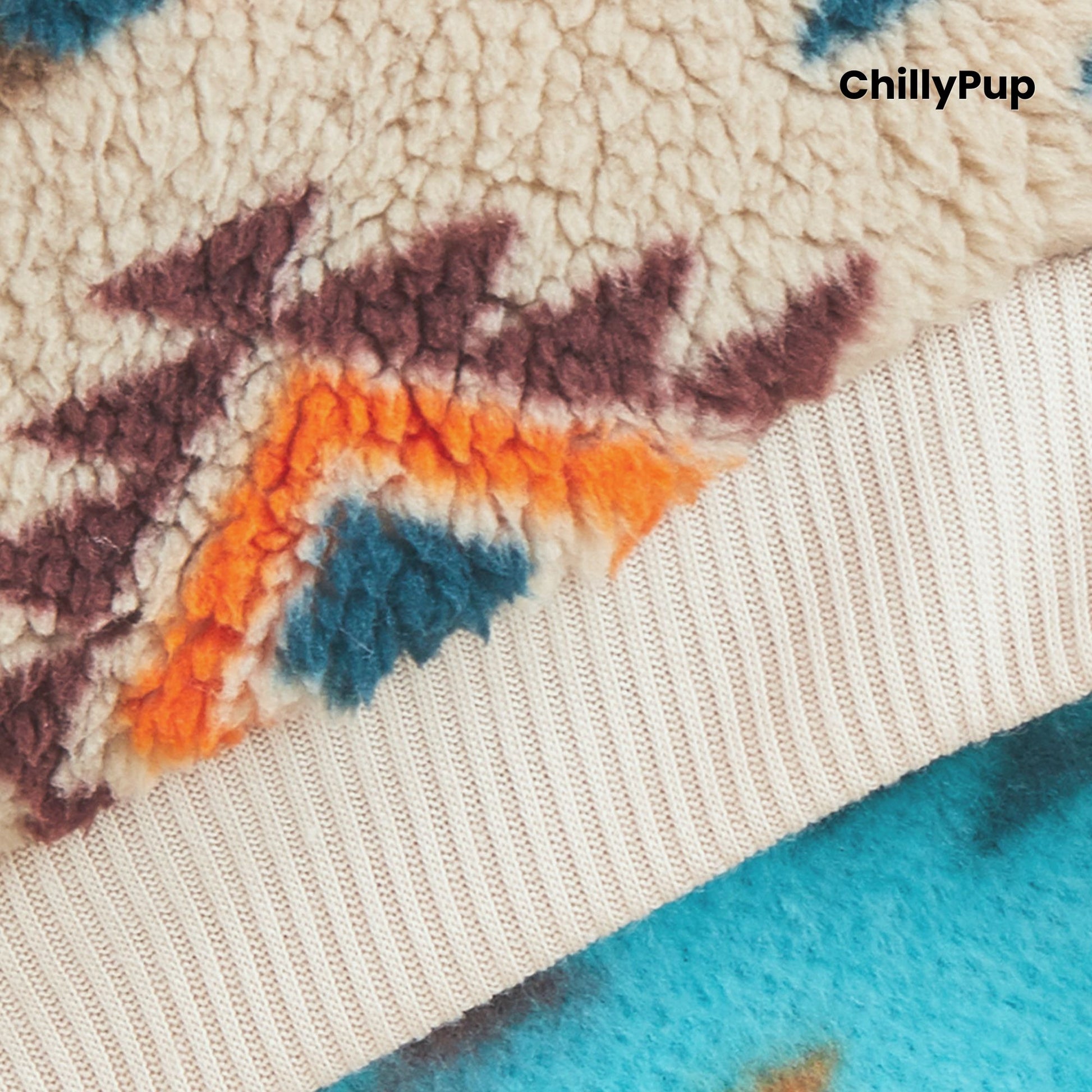 Aztec Sherpa Dog Jumper on a cream background with Chillypup branding