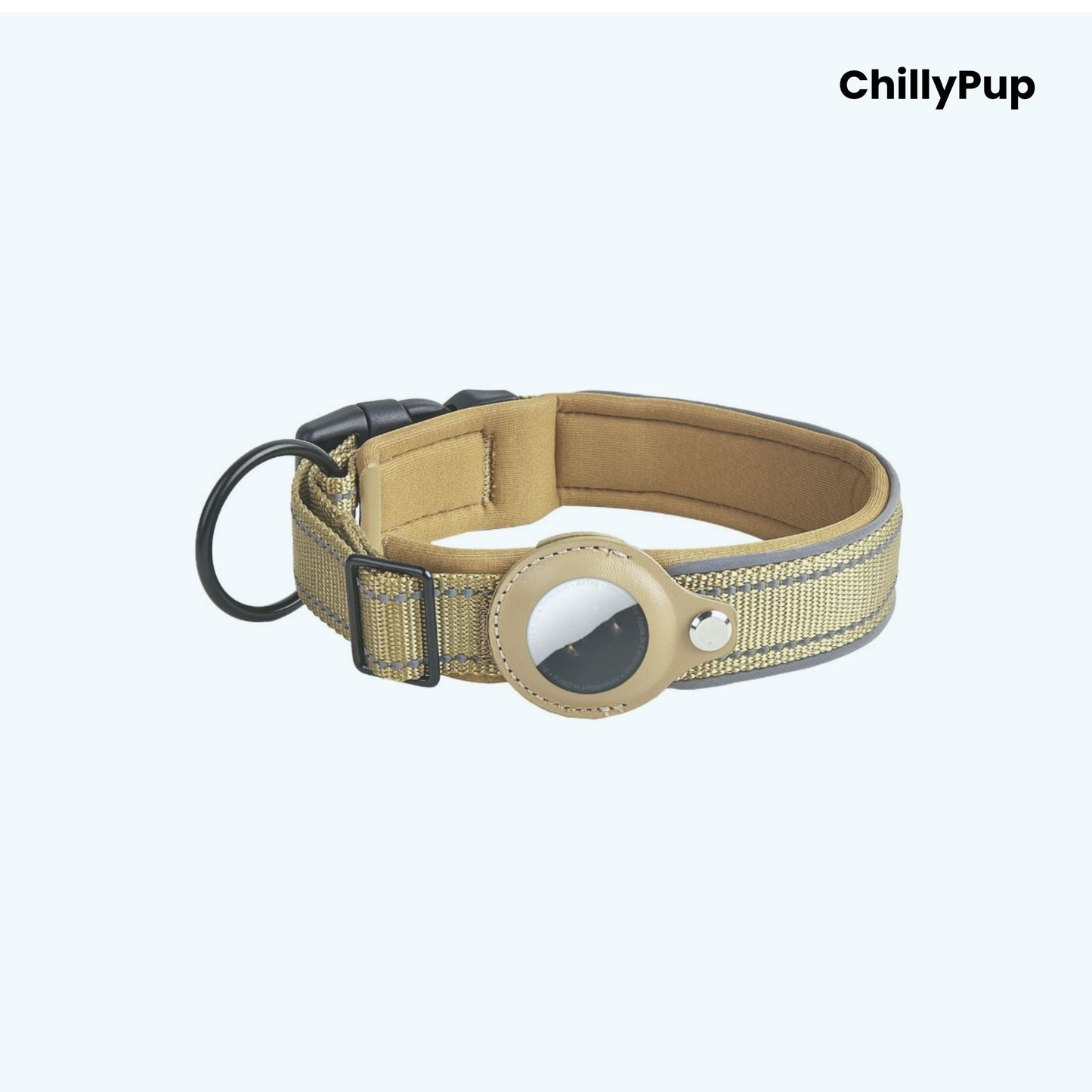 Beige Nylon Airtag dog collar with white stitching on a white background, branded 'ChillyPup'.