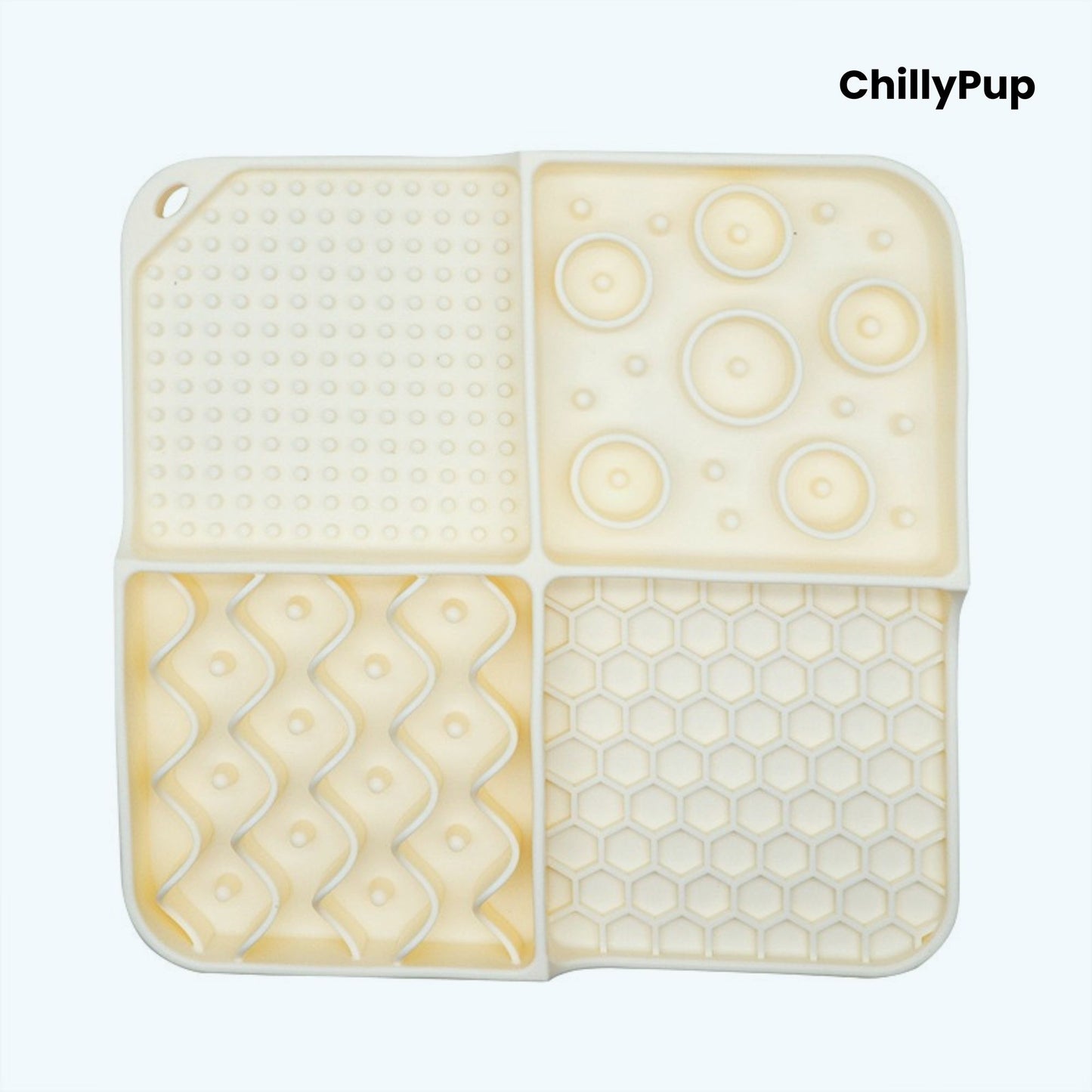 Silicone mat with various patterns on a white background, branded 'ChillyPup'.