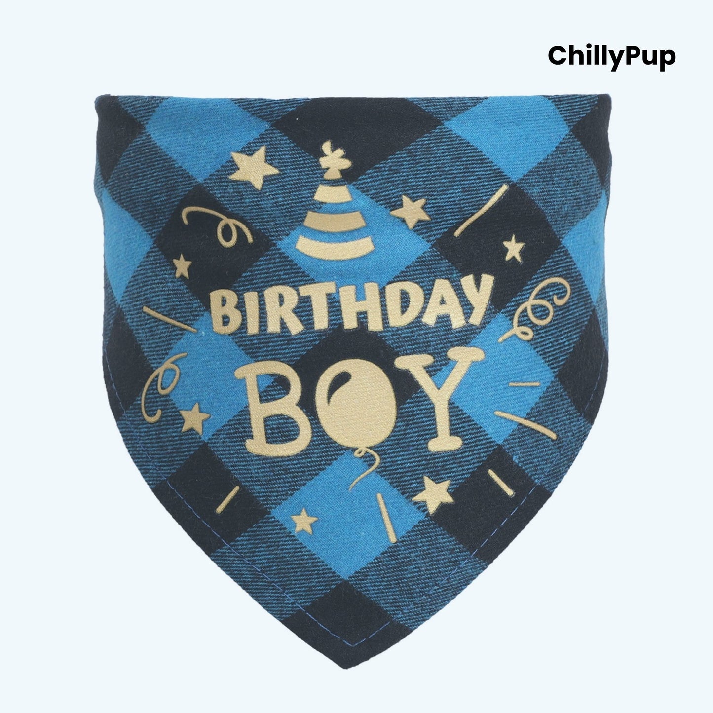 Birthday Boy Bandana on a white background with ChillPup branding