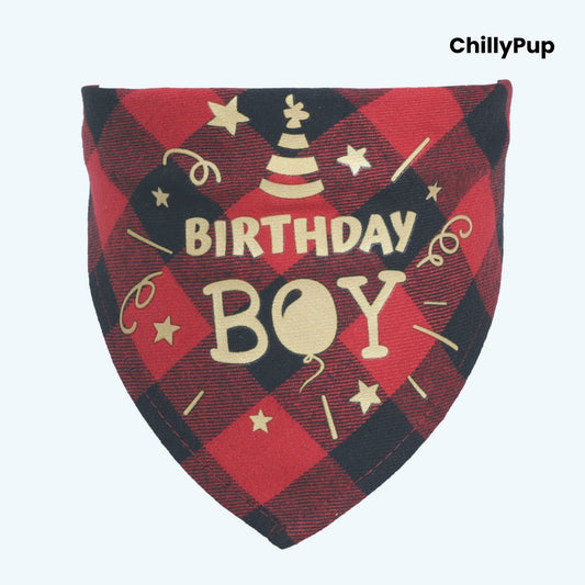 Birthday Boy Bandana on a white background with ChillPup branding