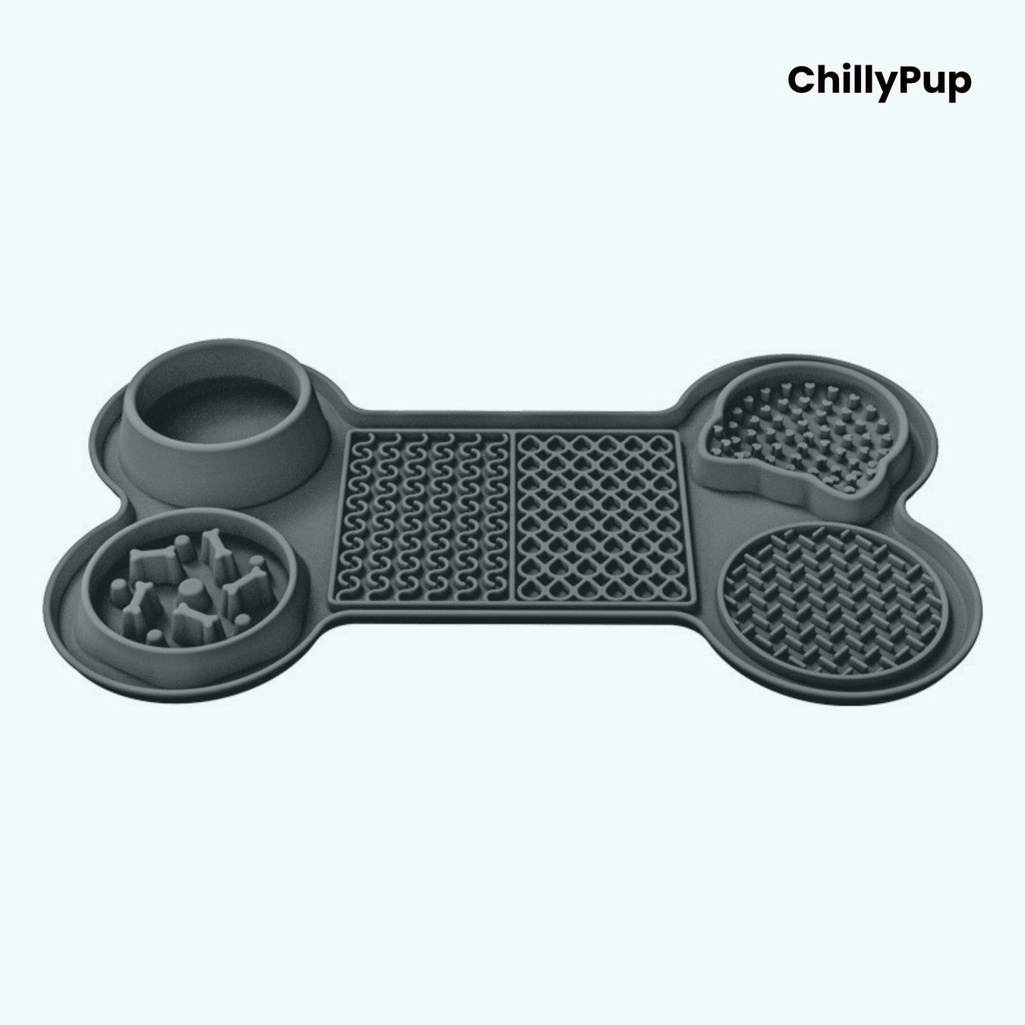 Grey bone-shaped pet mat with multiple compartments on a white background, branded 'ChillyPup'.