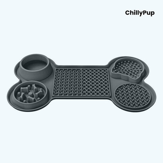 Grey bone-shaped pet mat with multiple compartments on a white background, branded 'ChillyPup'.
