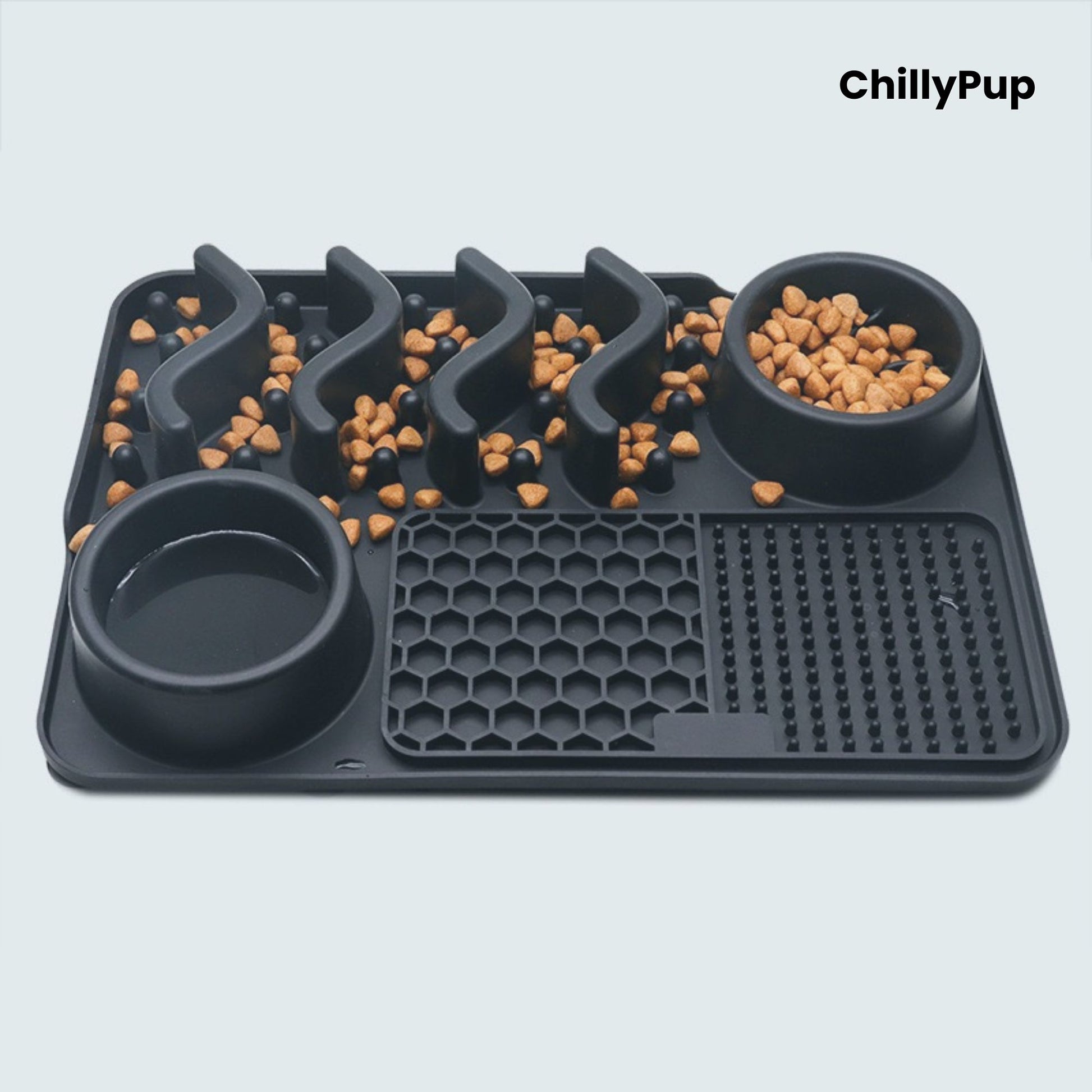 Black pet feeding mat with two bowls  on a light grey background, branded 'ChillyPup'.
