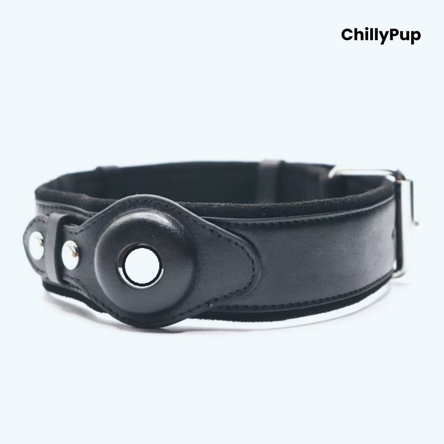 Black AirTag dog collar with a metallic clasp on a white background, branded 'ChillyPup'.