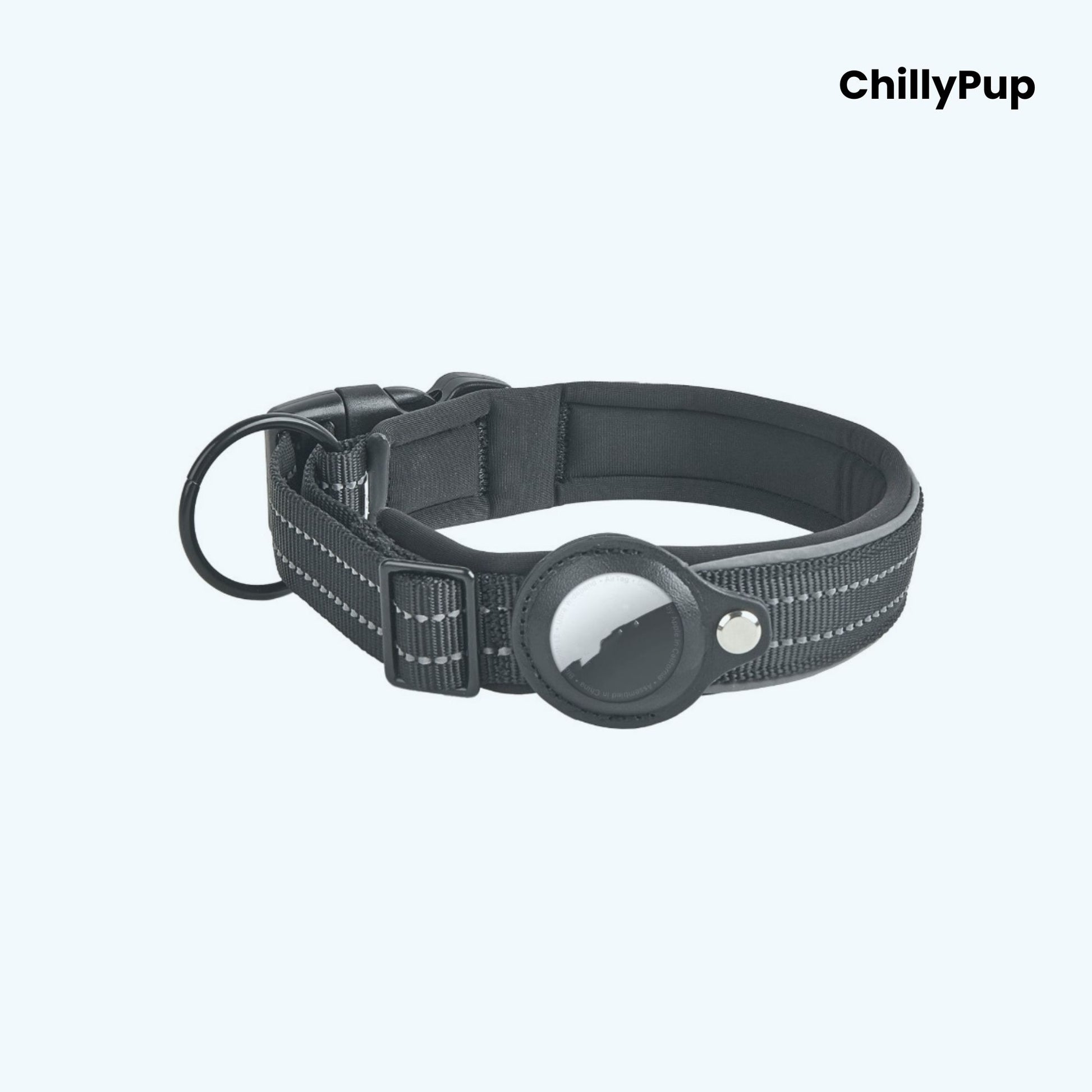 Black Nylon Airtag dog collar with white stitching on a white background, branded 'ChillyPup'.