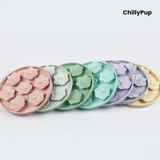 Silicone forage bowl with floral shapes on a white background, branded 'ChillyPup'.