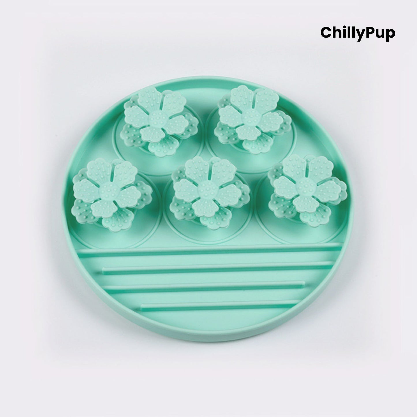 Silicone forage bowl with floral shapes on a white background, branded 'ChillyPup'.