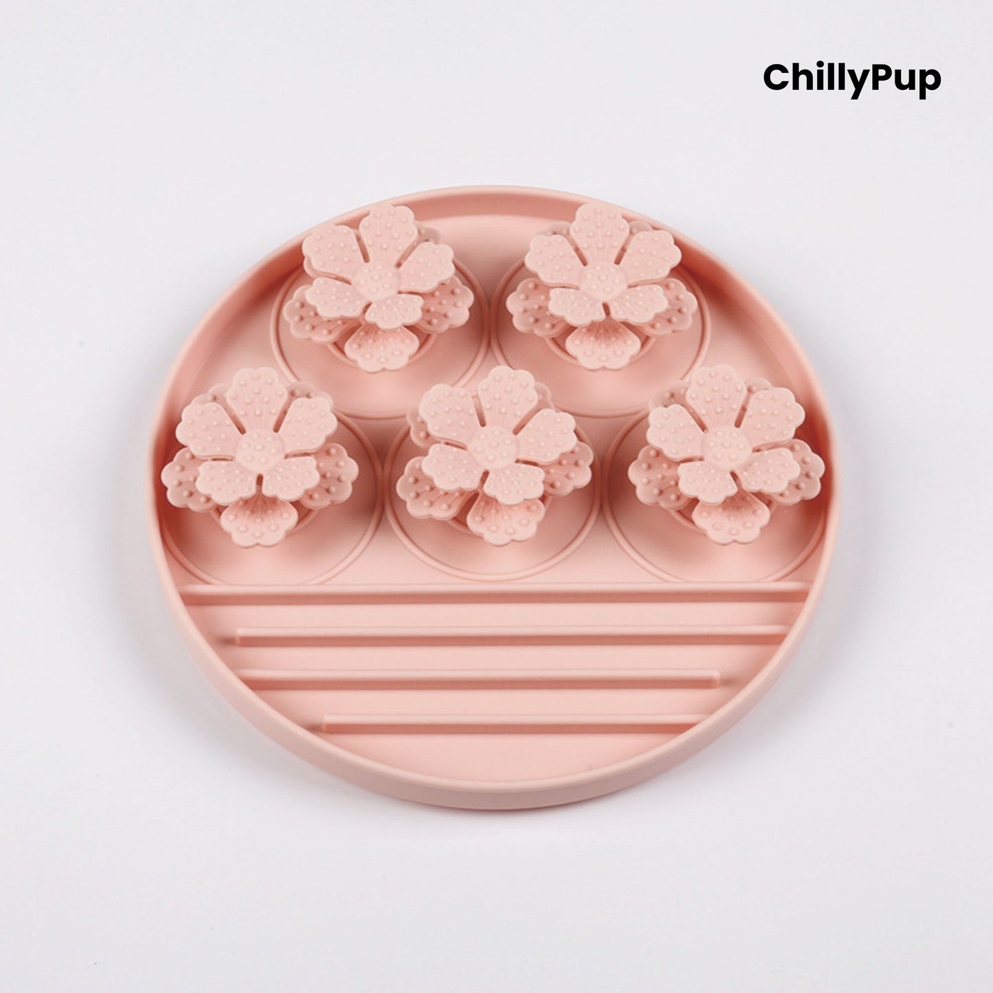 Silicone forage bowl with floral shapes on a white background, branded 'ChillyPup'.