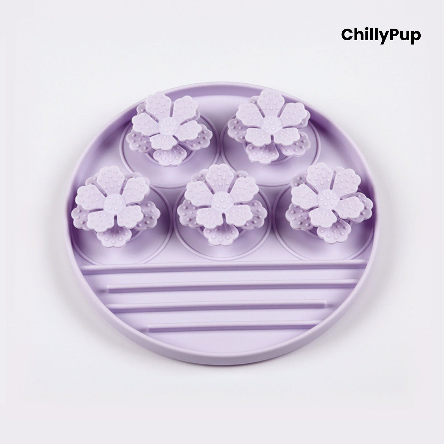 Silicone forage bowl with floral shapes on a white background, branded 'ChillyPup'.