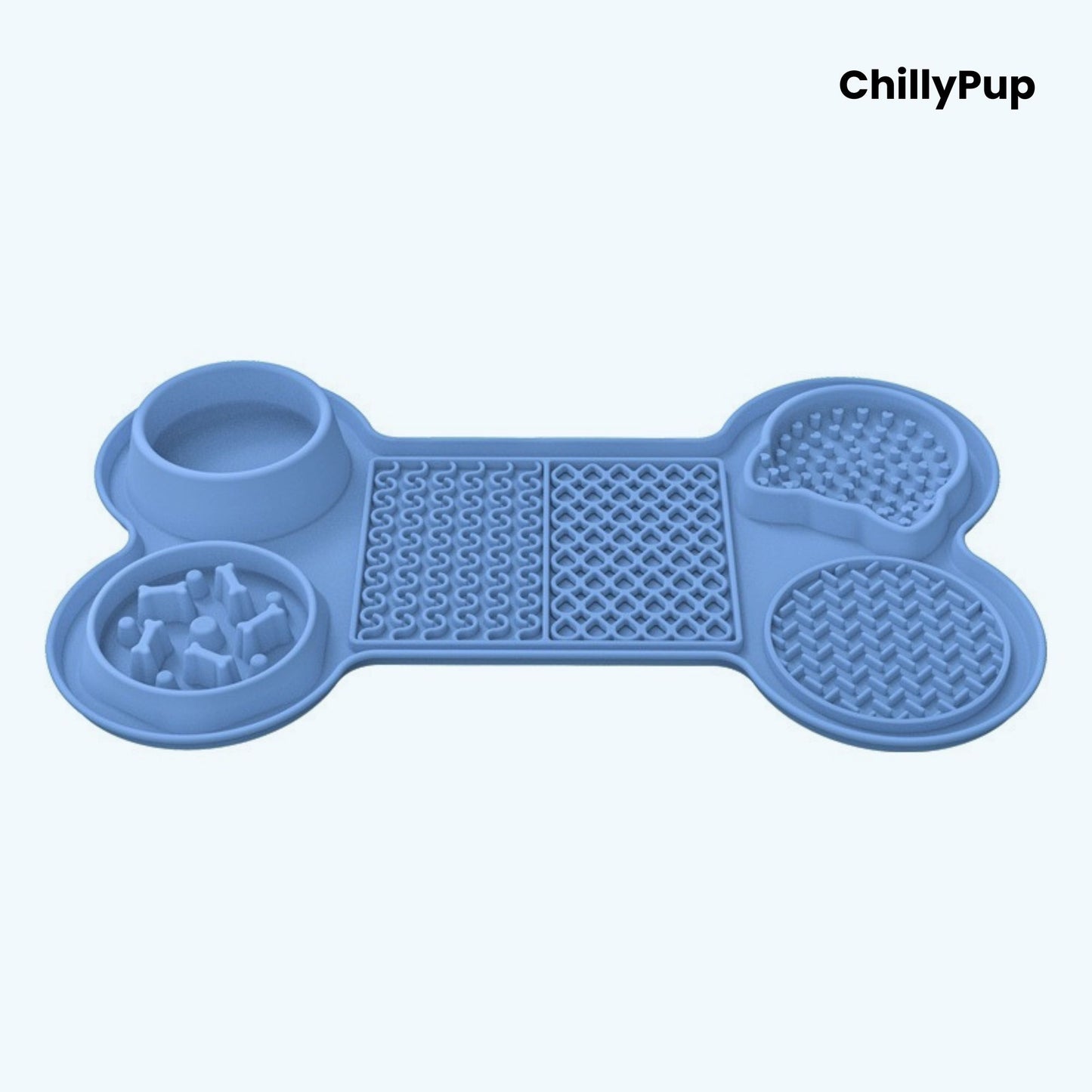 Blue bone-shaped pet mat with multiple compartments on a white background, branded 'ChillyPup'.