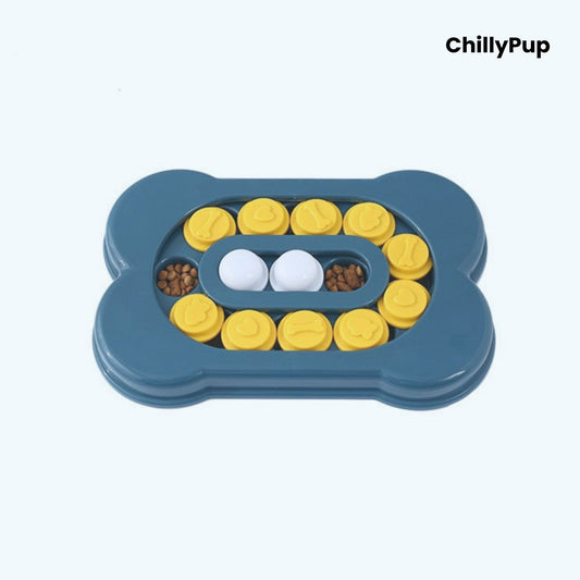 Dog toy with bone shape filled with treats on a white background, branded 'ChillyPup'.