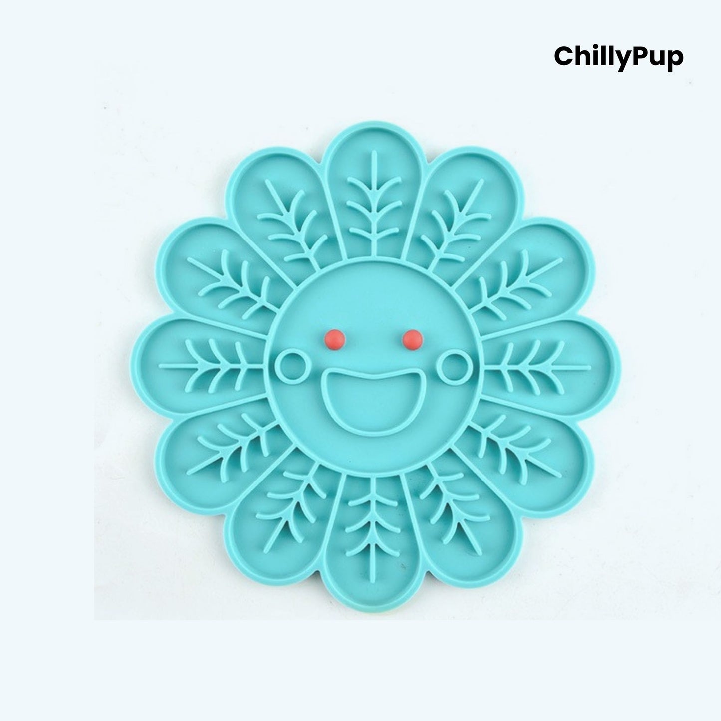 Blue pet lick mat with a smiling face design on a white background, branded 'ChillyPup'.