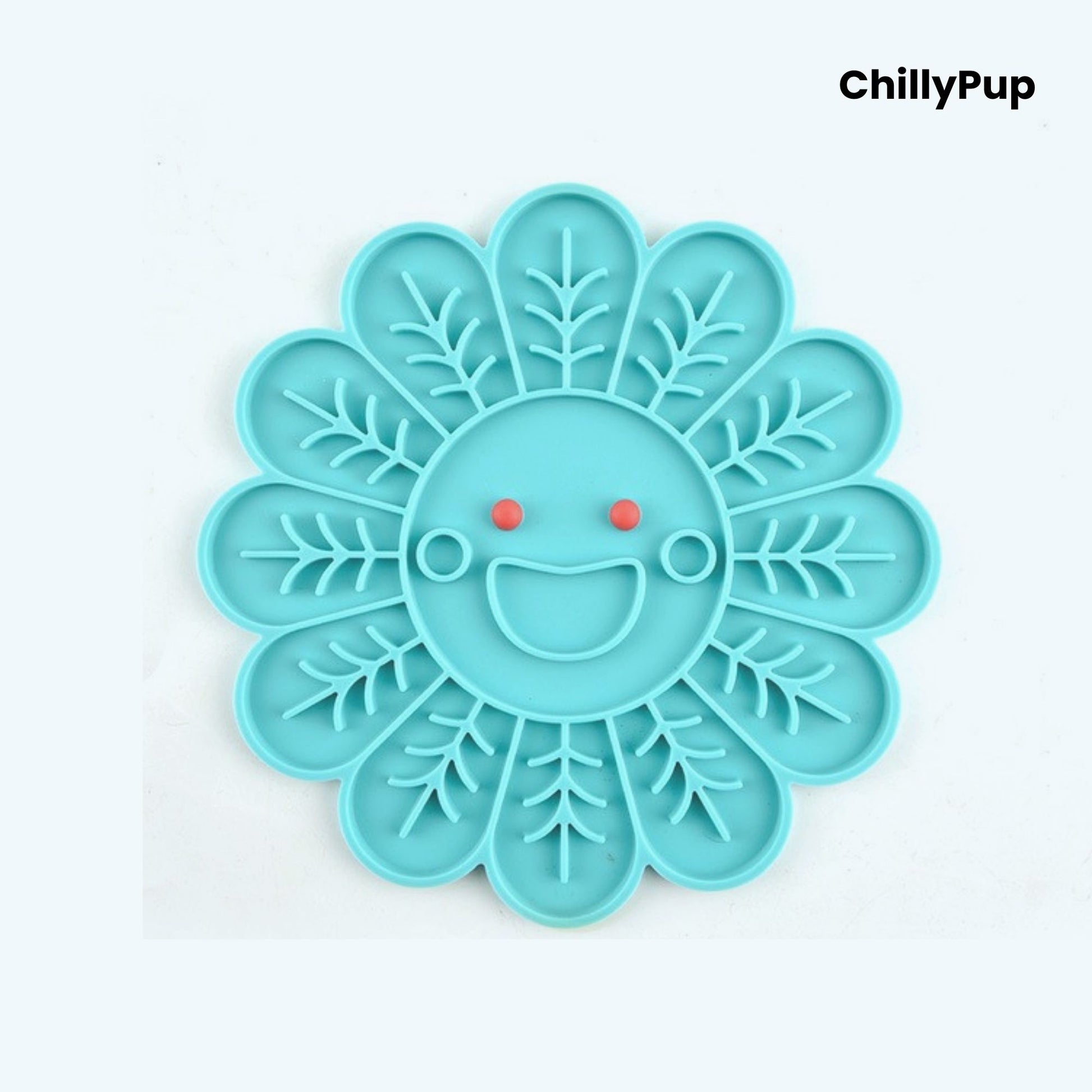 Blue pet lick mat with a smiling face design on a white background, branded 'ChillyPup'.