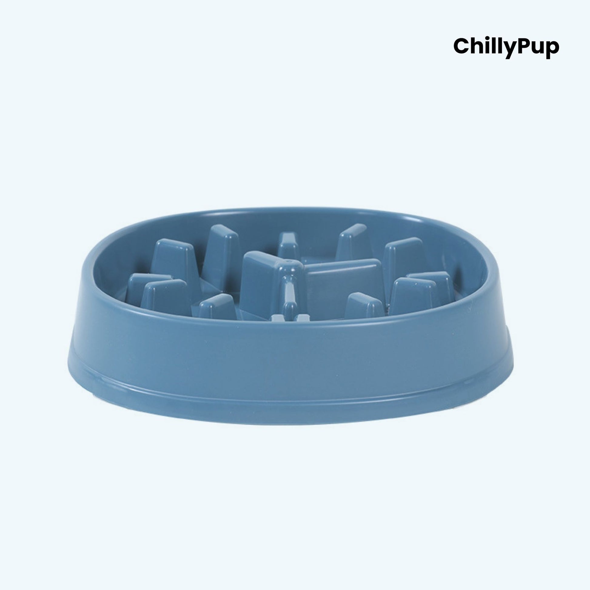 Blue dog bowl with raised rim on a white background, branded 'ChillyPup'.