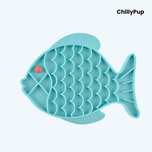 Blue fish-shaped pet lick mat with a red dot on a white background, branded 'ChillyPup'.