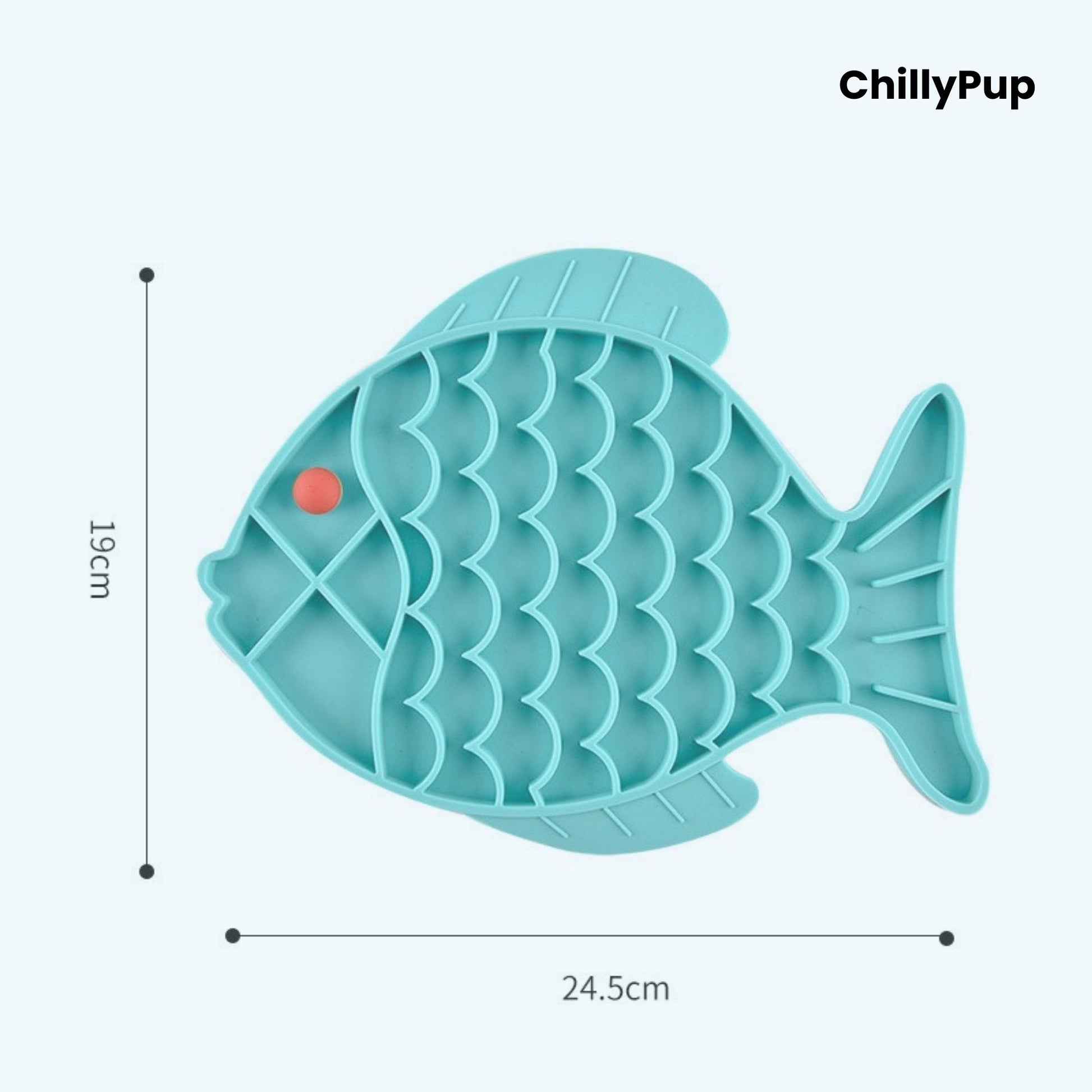 Blue fish-shaped pet lick mat with a red dot showing sizes on a white background, branded 'ChillyPup'.