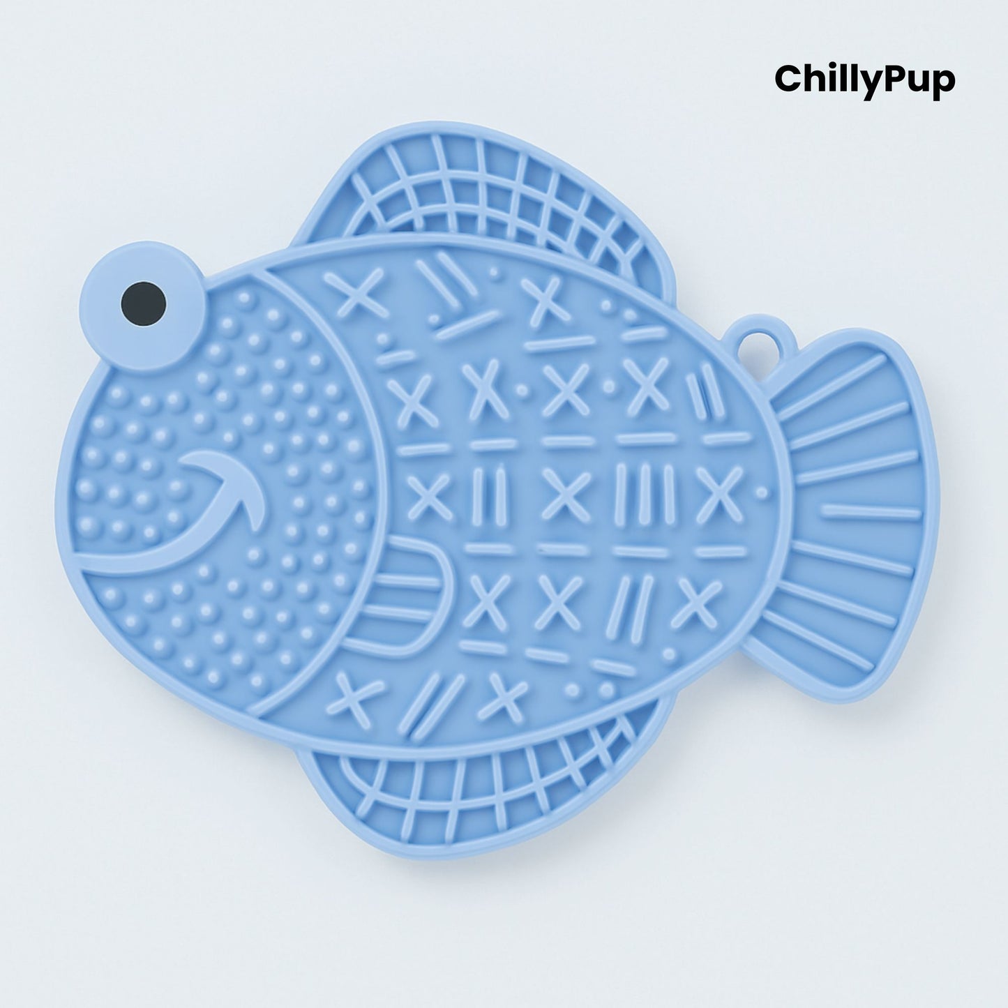 Blue fish-shaped dog lick pad on a white background, branded 'ChillyPup'.