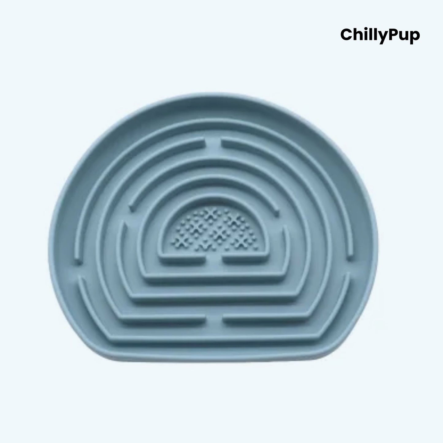 Blue pet bowl with maze design on a light purple background, branded 'ChillyPup'.
