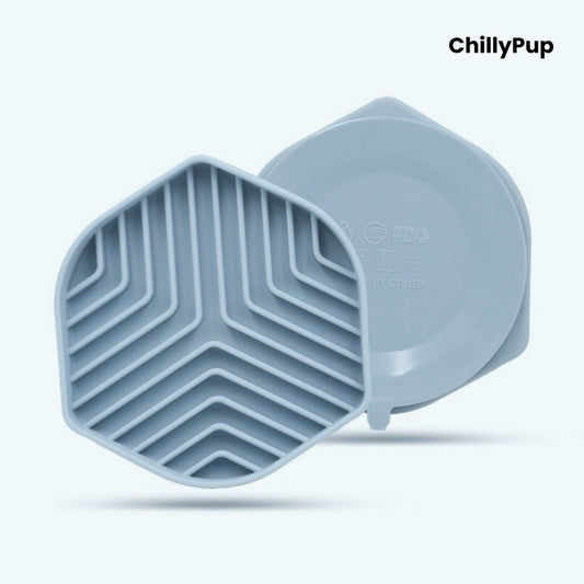 Hexagonal silicone mat with zigzag pattern on a light grey background, branded 'ChillyPup'.
