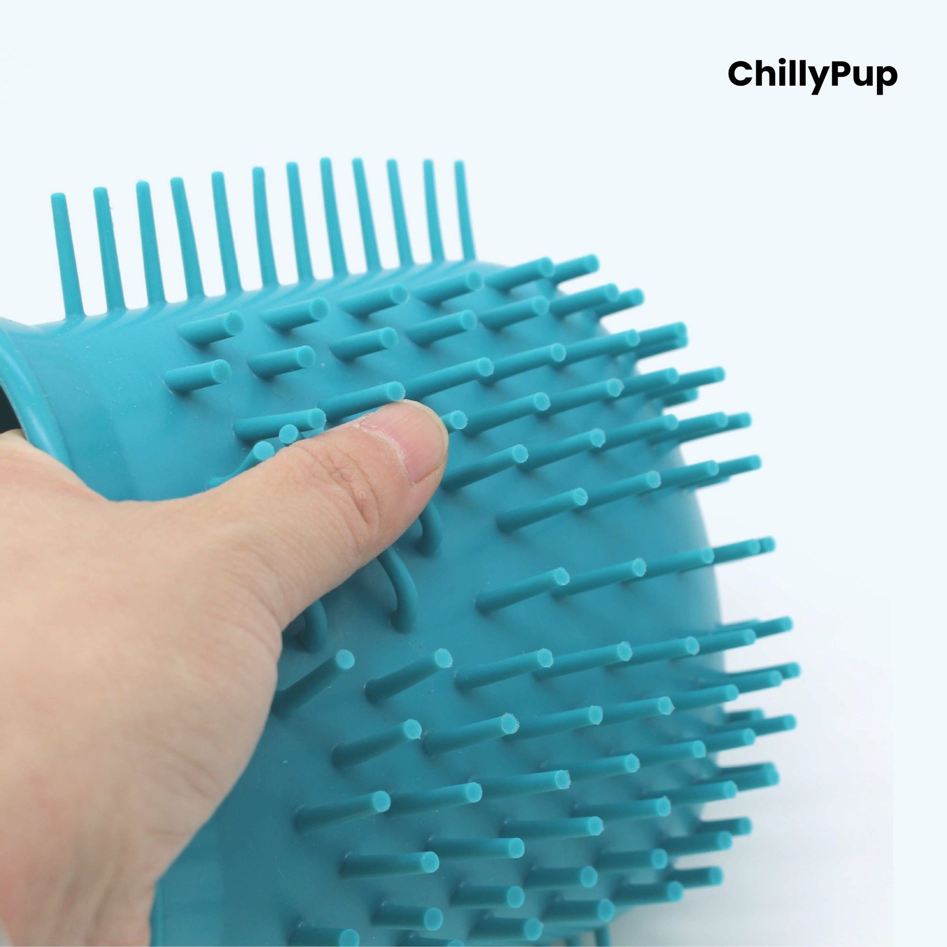Blue silicone dog Paw cleaner with 'ChillyPup' branding on a white background