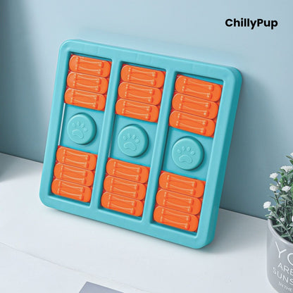 Blue plastic pet toy with orange and green shapes on a white surface, branded 'ChillyPup'.