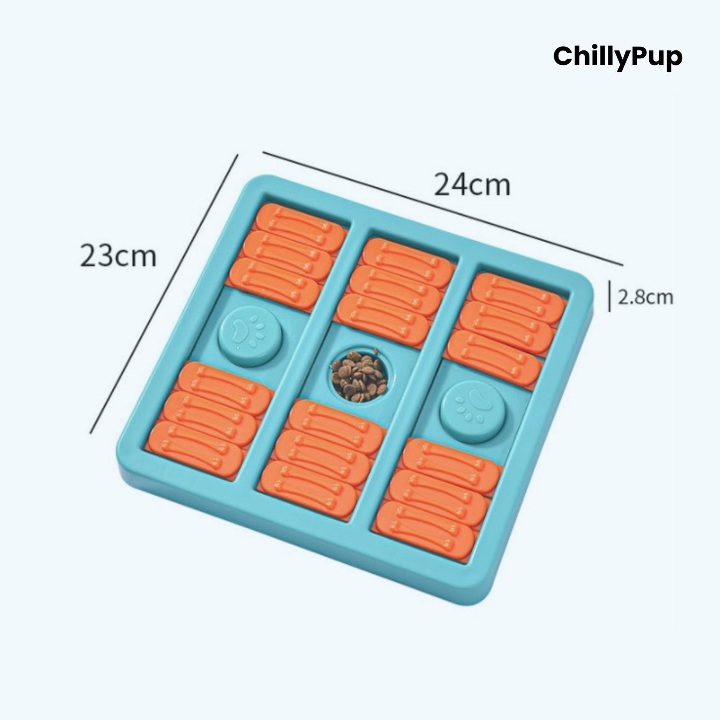 Blue plastic pet toy with orange and green shapes showing the size on a white surface, branded 'ChillyPup'.