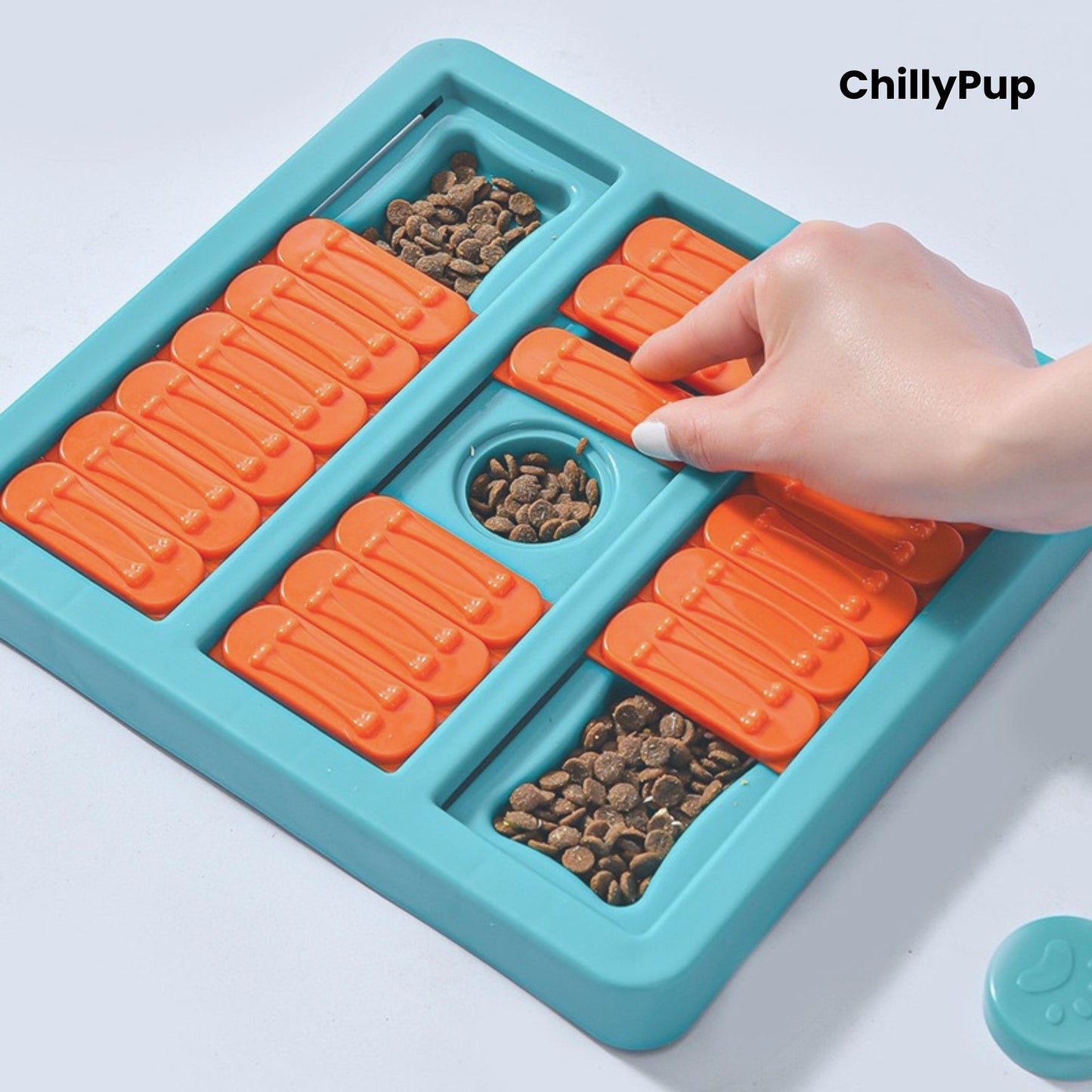Blue plastic pet toy with orange and green shapes on a white surface, branded 'ChillyPup'.