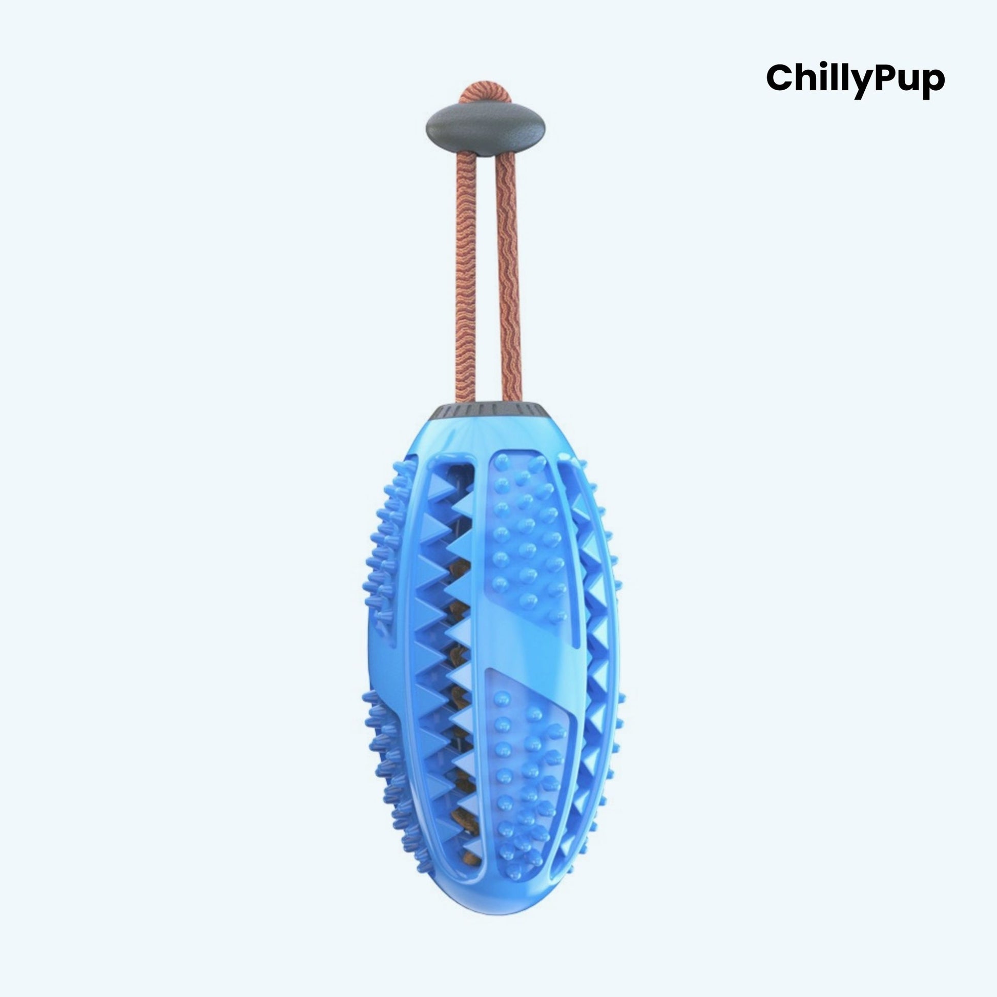 Blue dog toy with textured surface and brown rope on a white background, branded 'ChillyPup'.