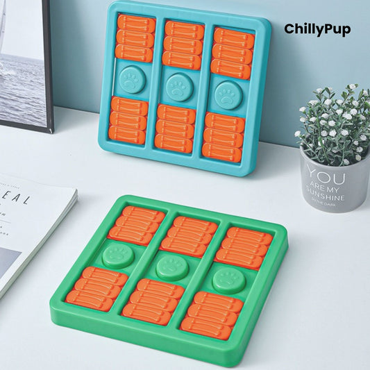 Two plastic pet toys with orange and green shapes on a white surface, branded 'ChillyPup'.