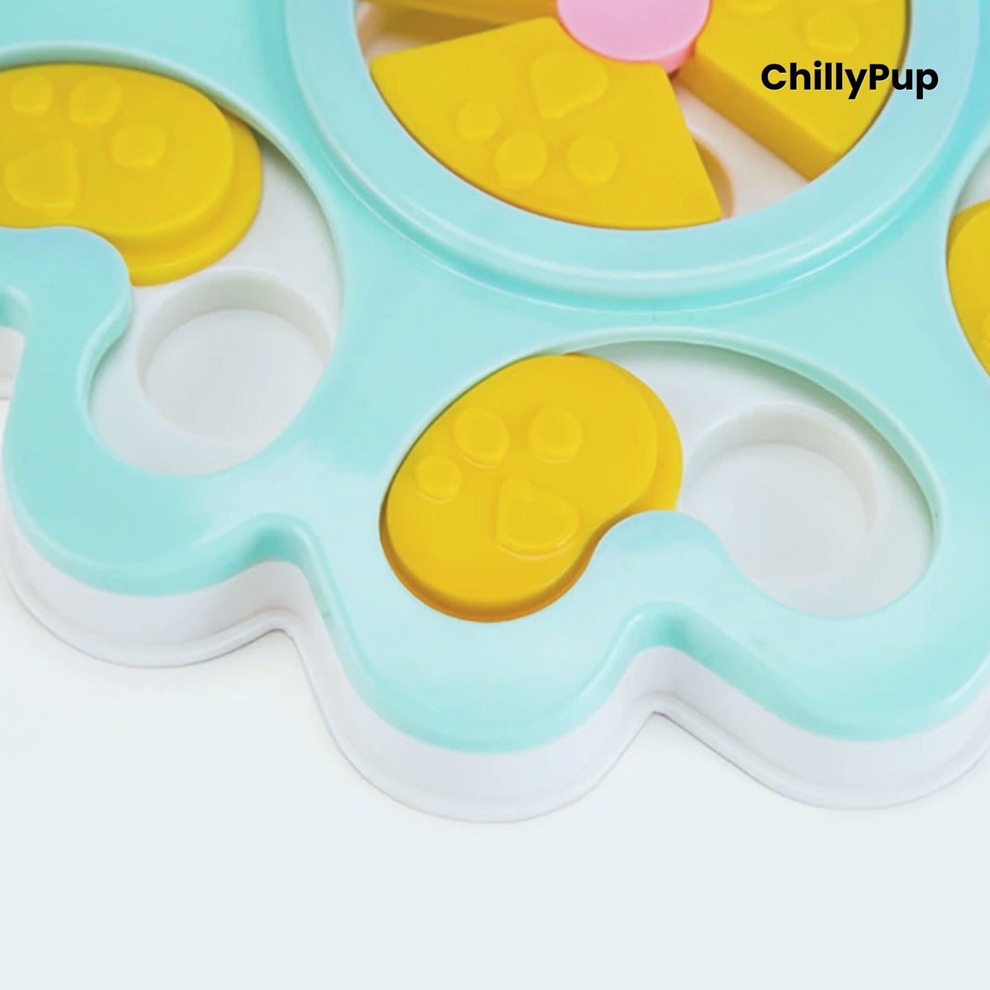 Blue and yellow pet toy with 'ChillyPup' branding on a white background