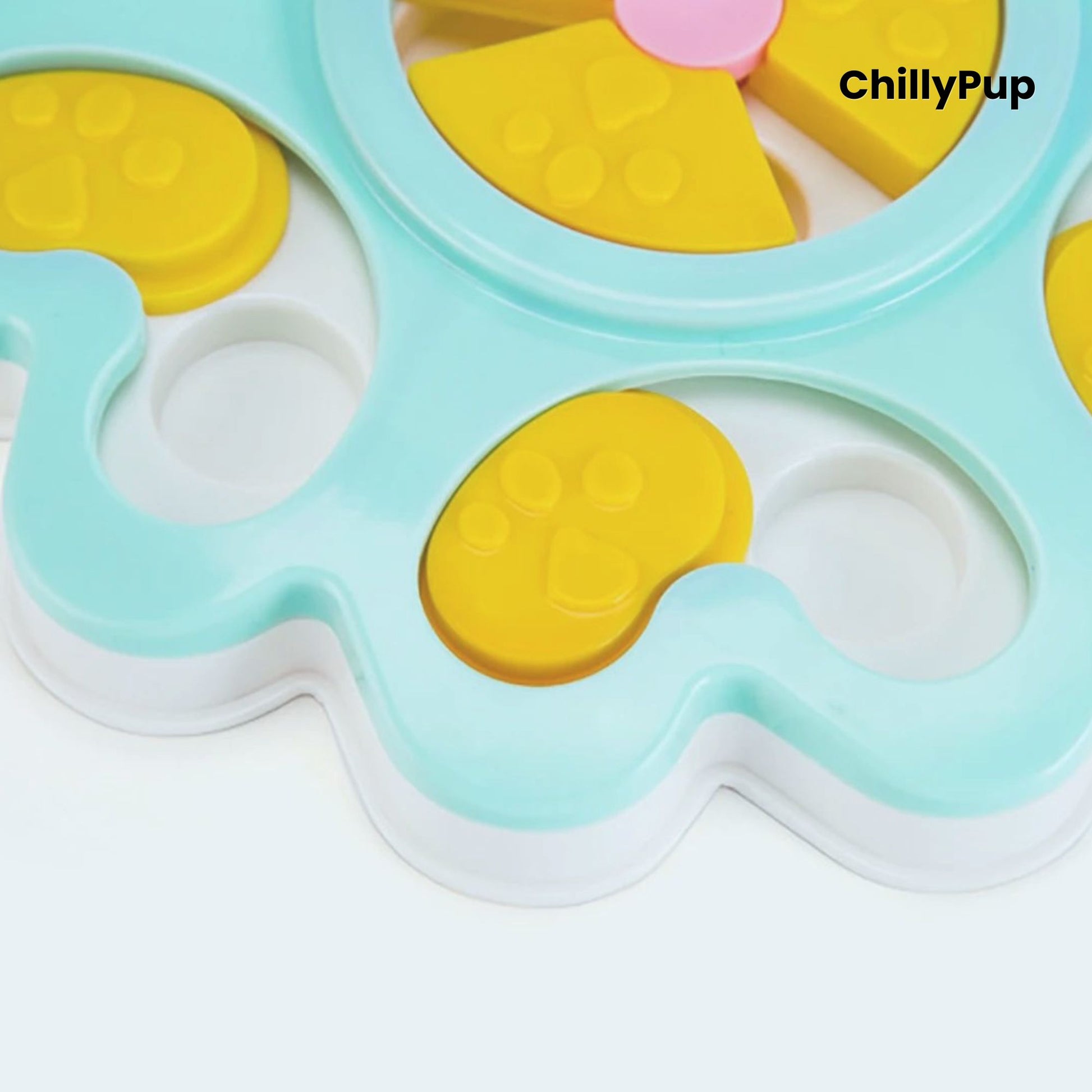 Blue and yellow pet toy with 'ChillyPup' branding on a white background