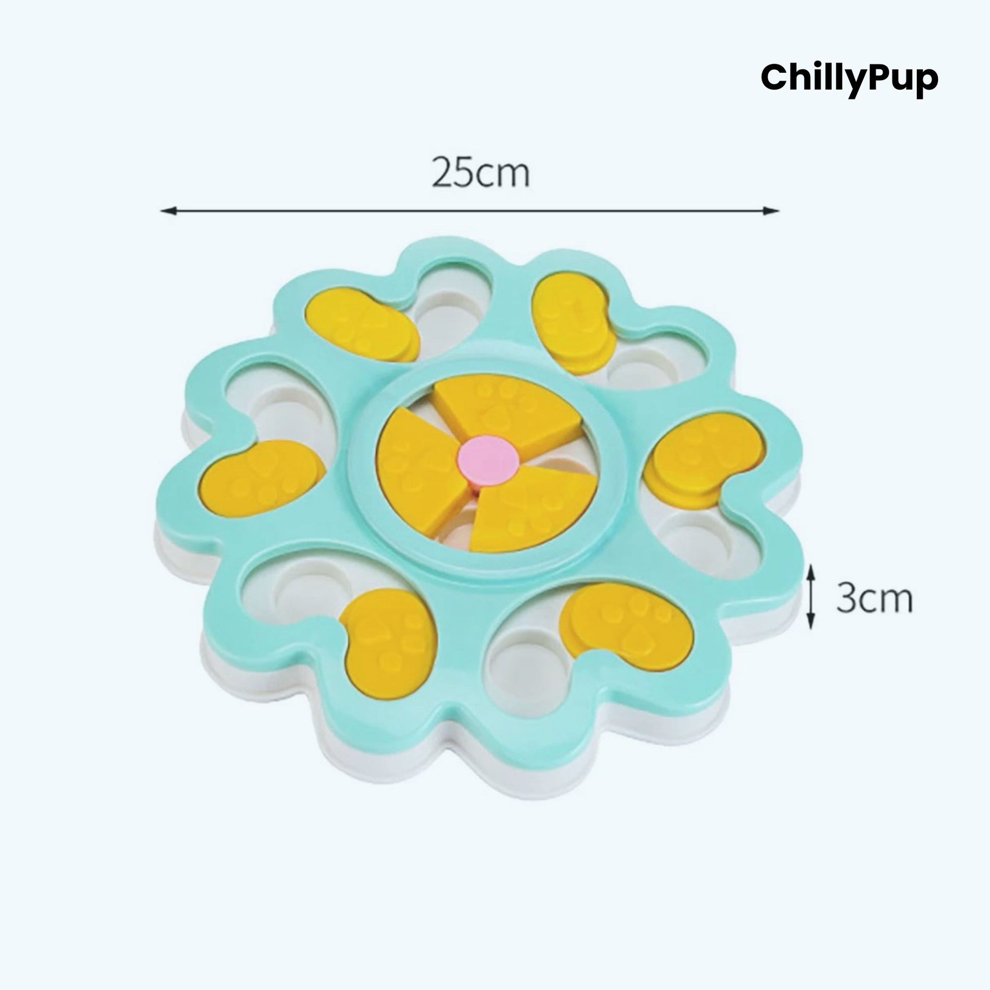 Blue and yellow pet toy sizes with 'ChillyPup' branding on a white background