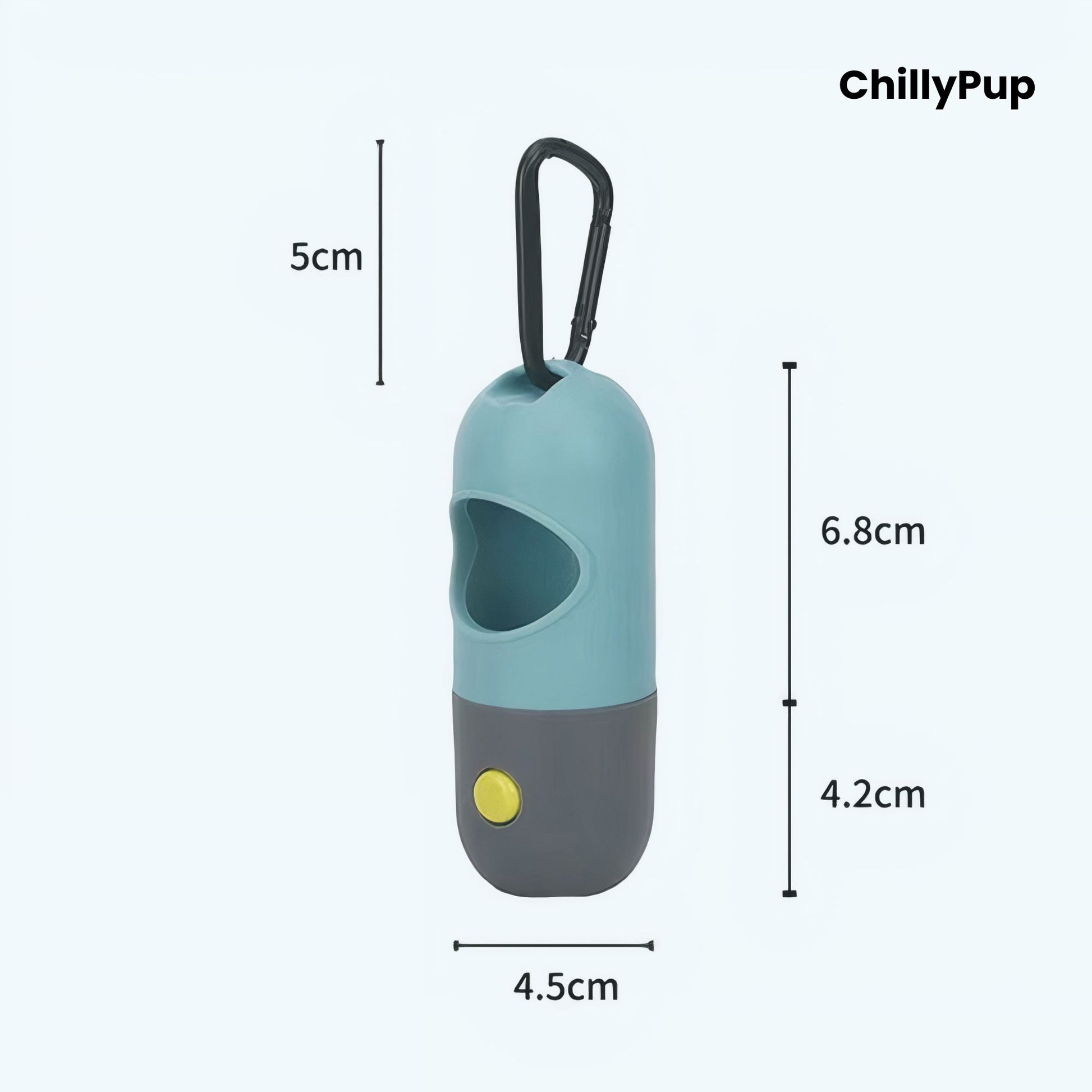 Blue colour poo bag holder with built in LED with 'ChillyPup' branding on a white background showing the size.