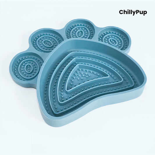 Blue paw-shaped pet lick pad with 'ChillyPup' branding on a white background