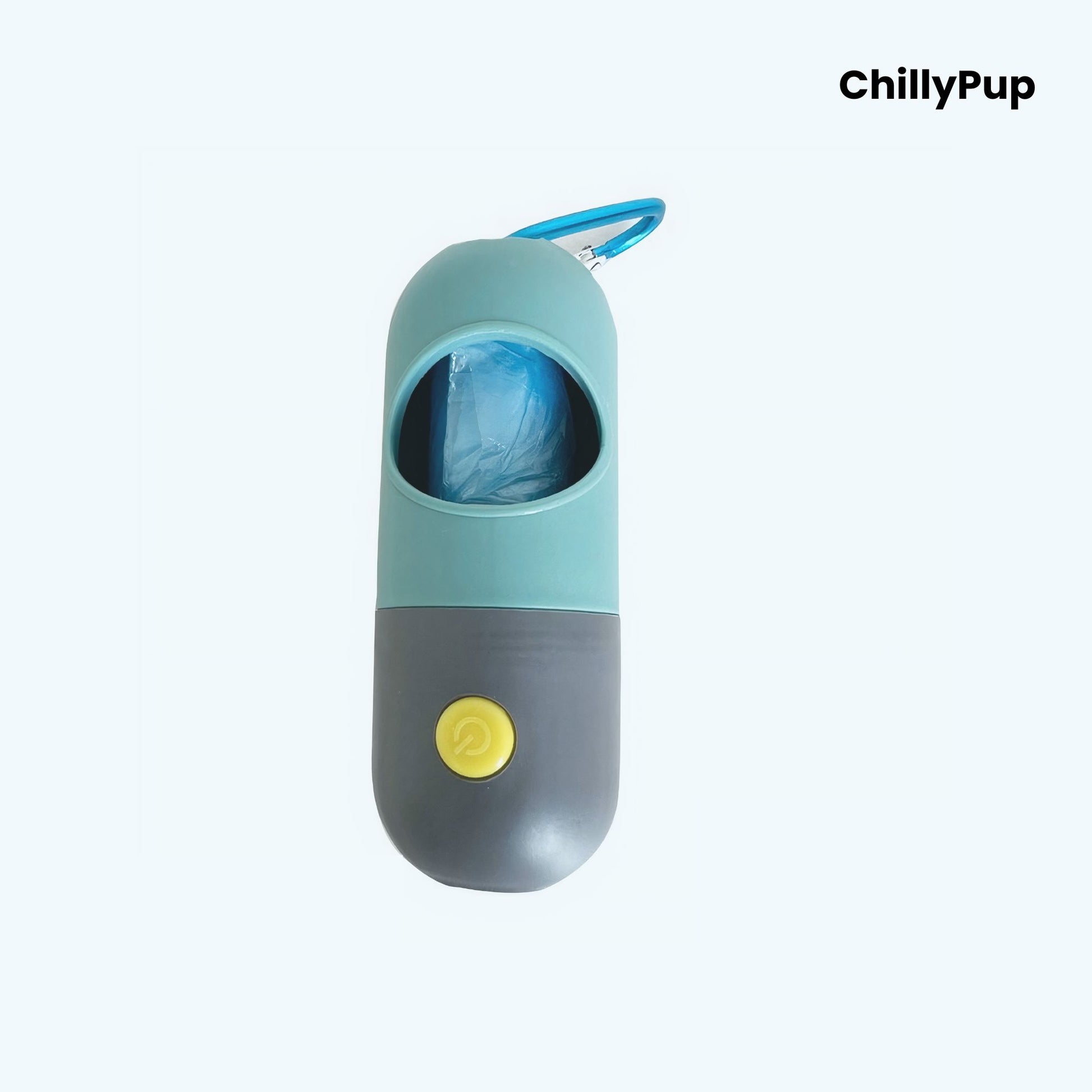 Blue colour poo bag holder with built in LED with 'ChillyPup' branding on a white background
