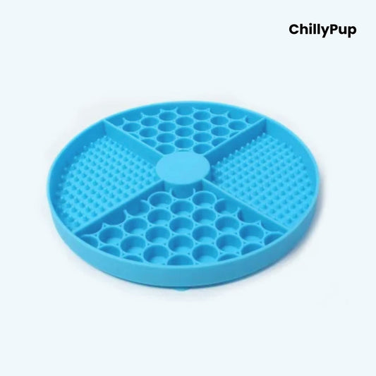 Blue silicone mat with honeycomb pattern on a white background, branded 'ChillyPup'.