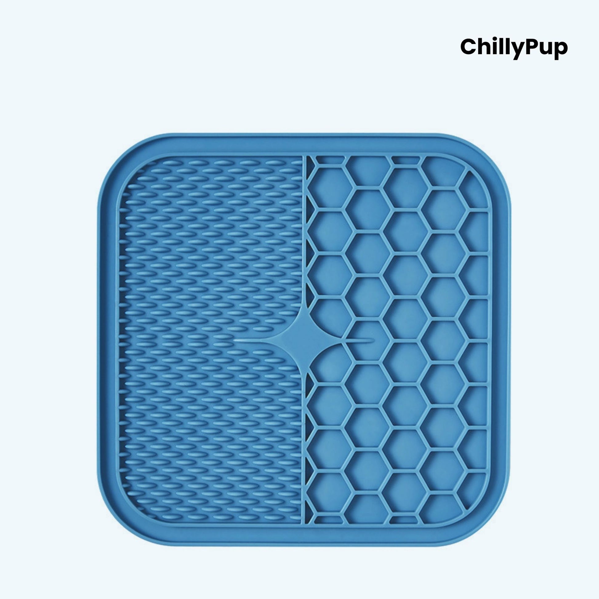 Blue silicone mat with textured surface and honeycomb pattern on a white background, branded 'ChillyPup'.