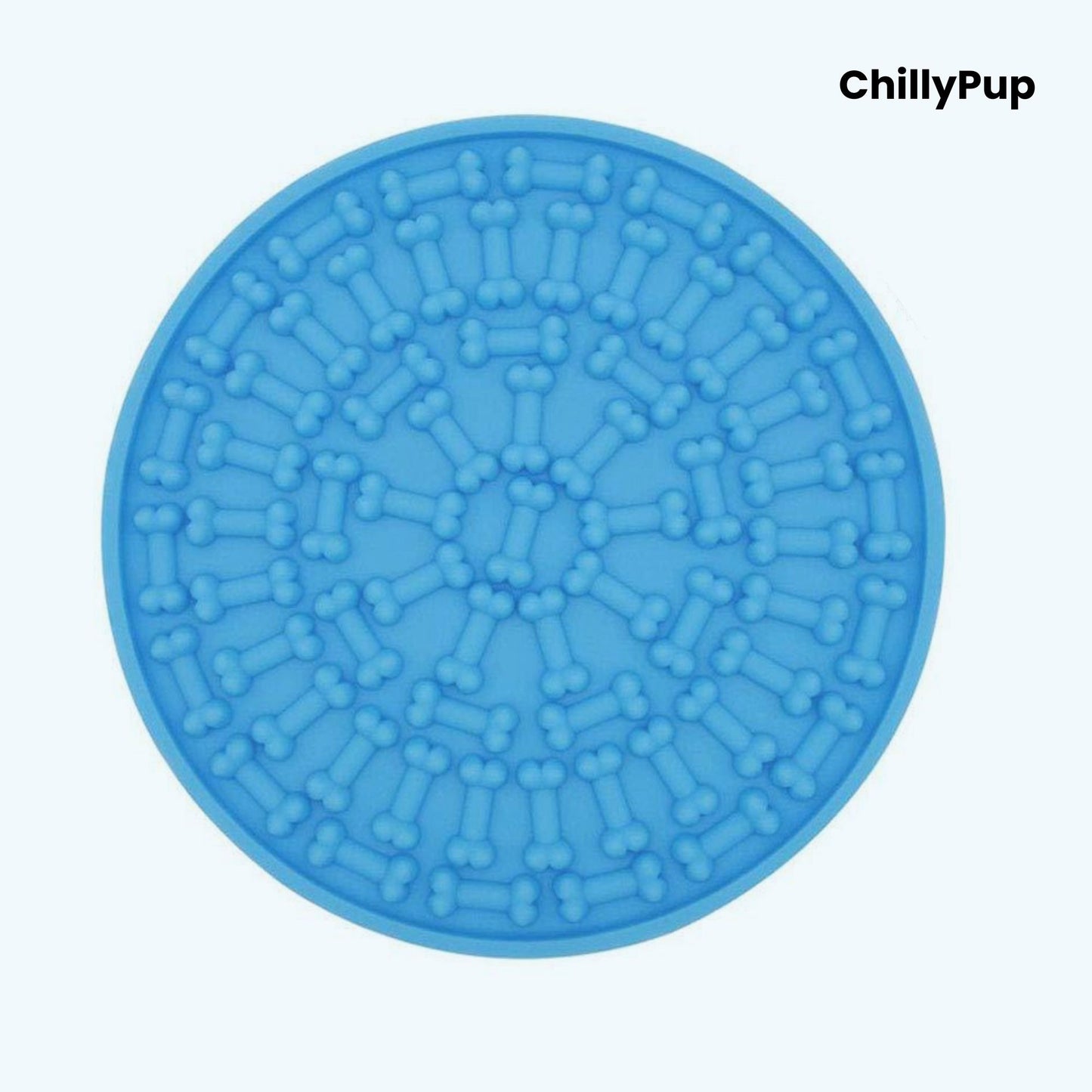 Blue silicone lick mat with bone pattern on a white background, branded 'ChillyPup'.