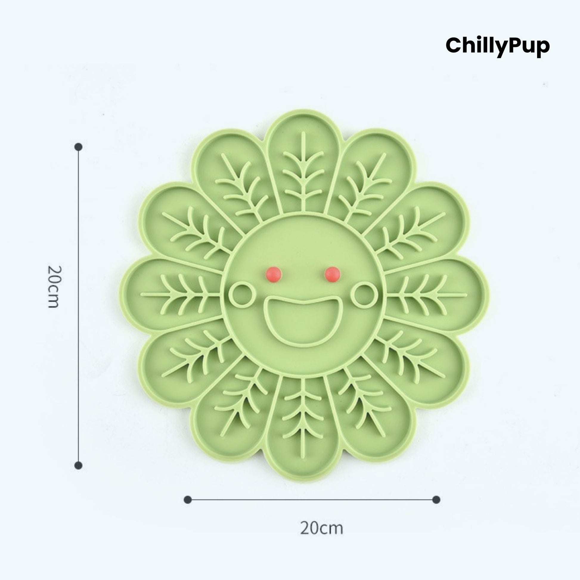 Green pet lick mat with a smiling face design showing sizes on a white background, branded 'ChillyPup'.