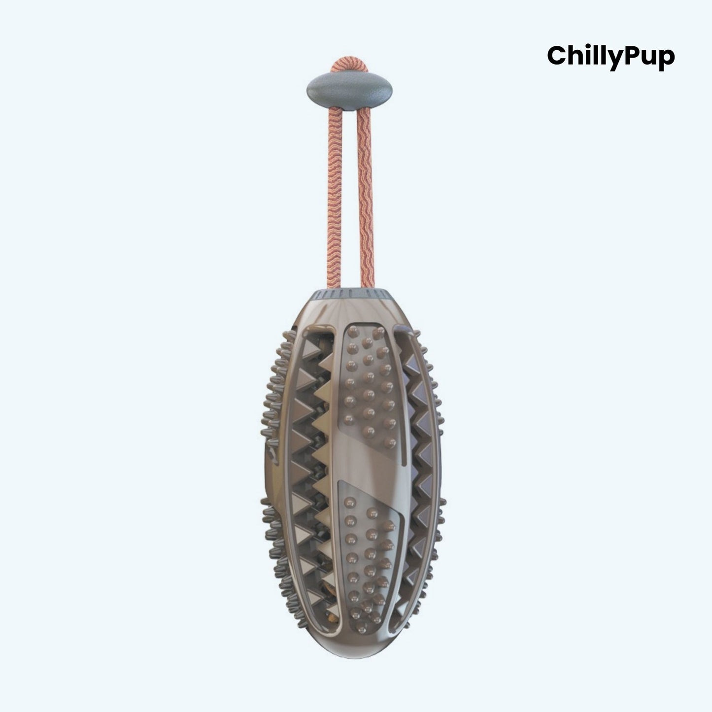 Brown dog toy with textured surface and brown rope on a white background, branded 'ChillyPup'.