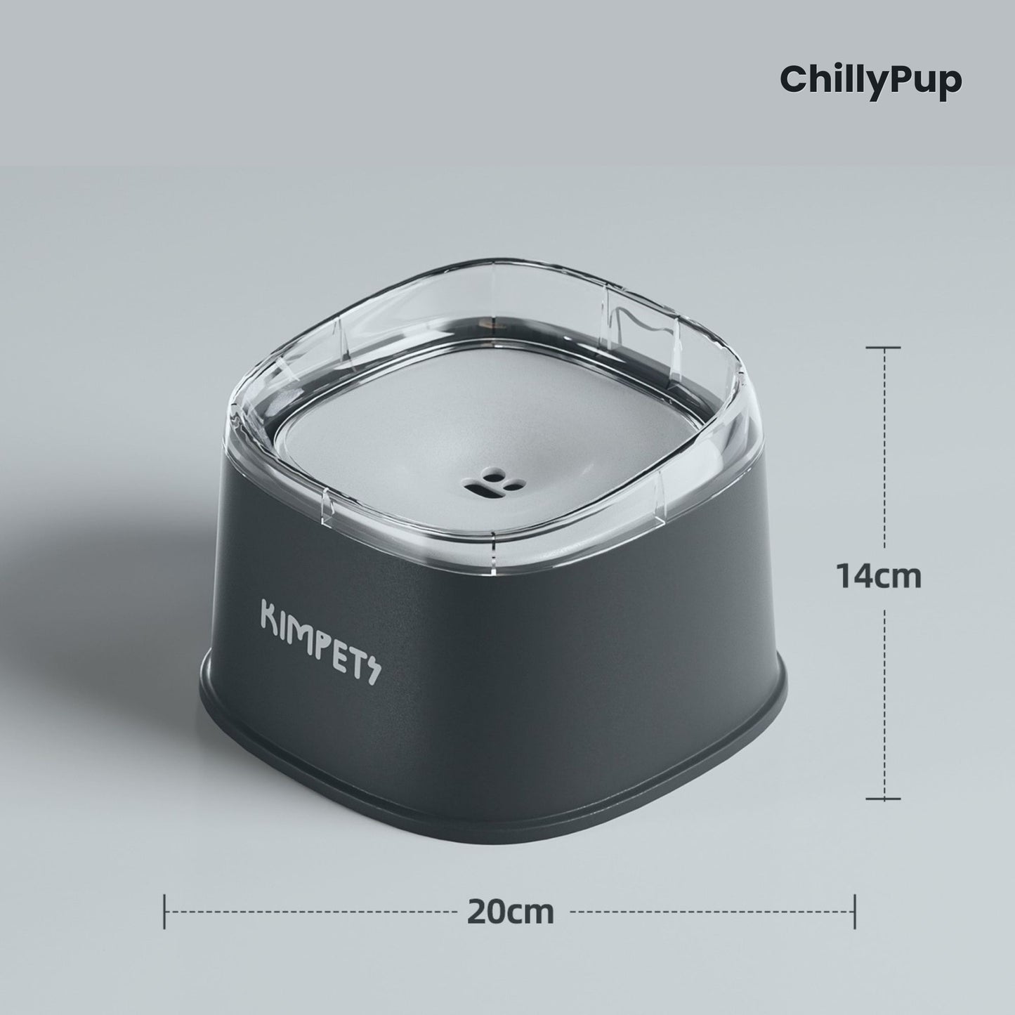 Black pet water bowl with clear lid, and dimensions on a grey background, ChillyPup brand visible.