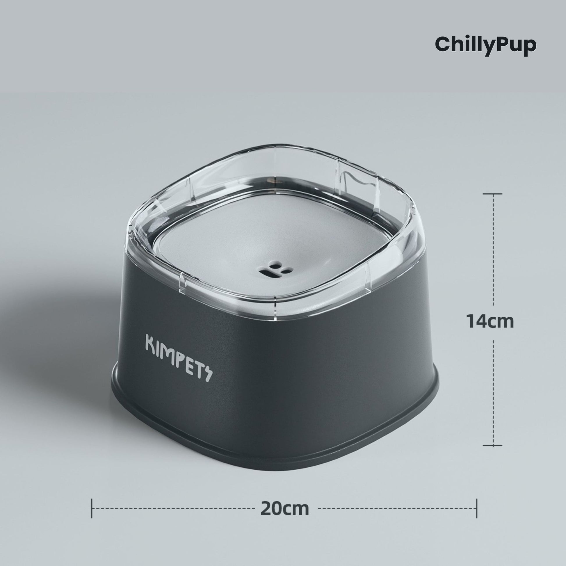 Black pet water bowl with clear lid, and dimensions on a grey background, ChillyPup brand visible.