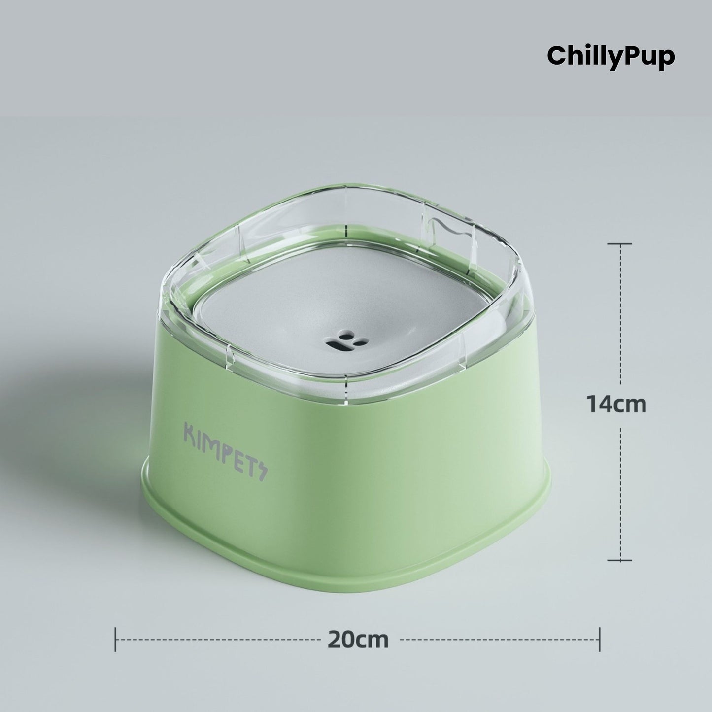 Green pet water bowl with clear lid, and dimensions on a grey background, ChillyPup brand visible.