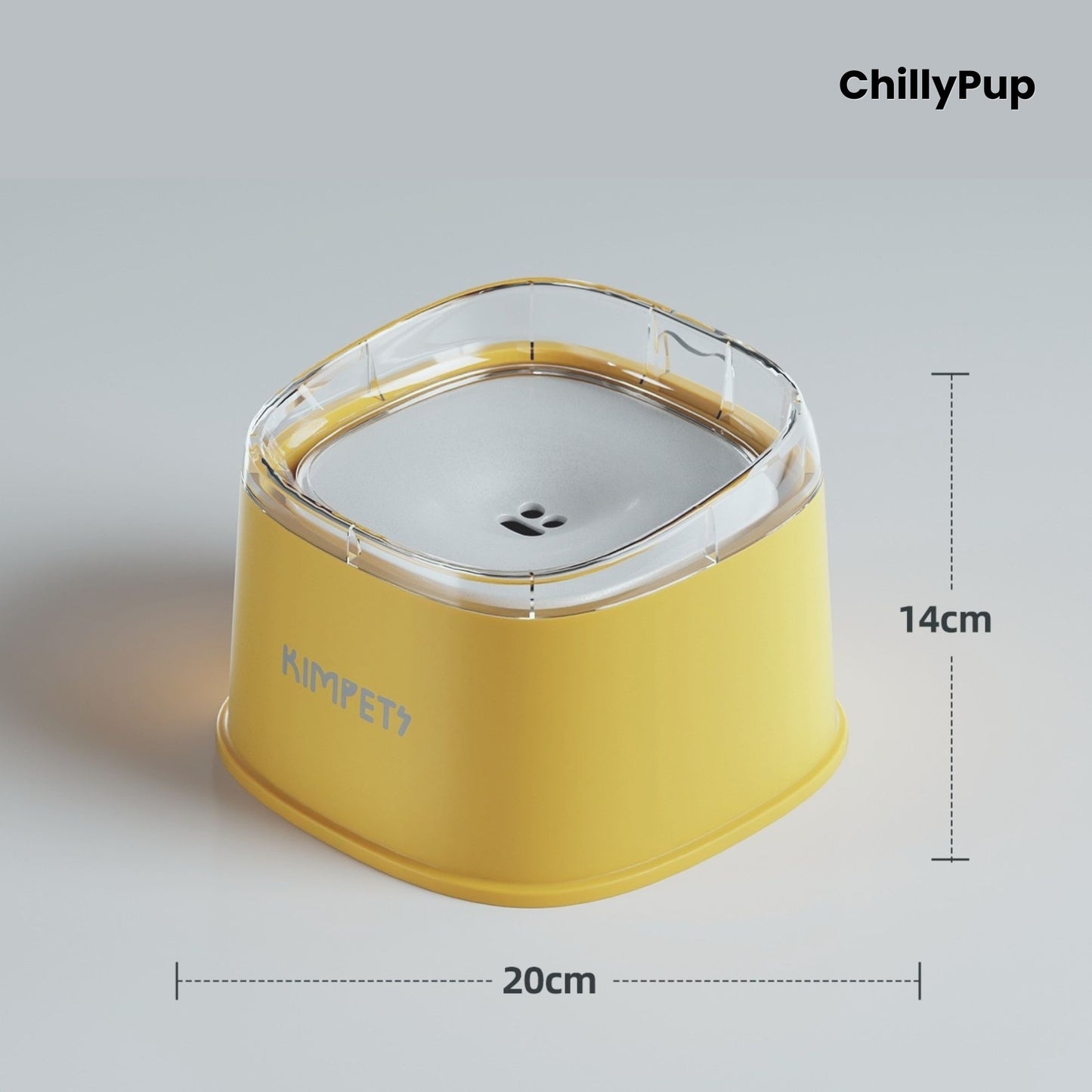 Yellow pet water bowl with clear lid, and dimensions on a grey background, ChillyPup brand visible.