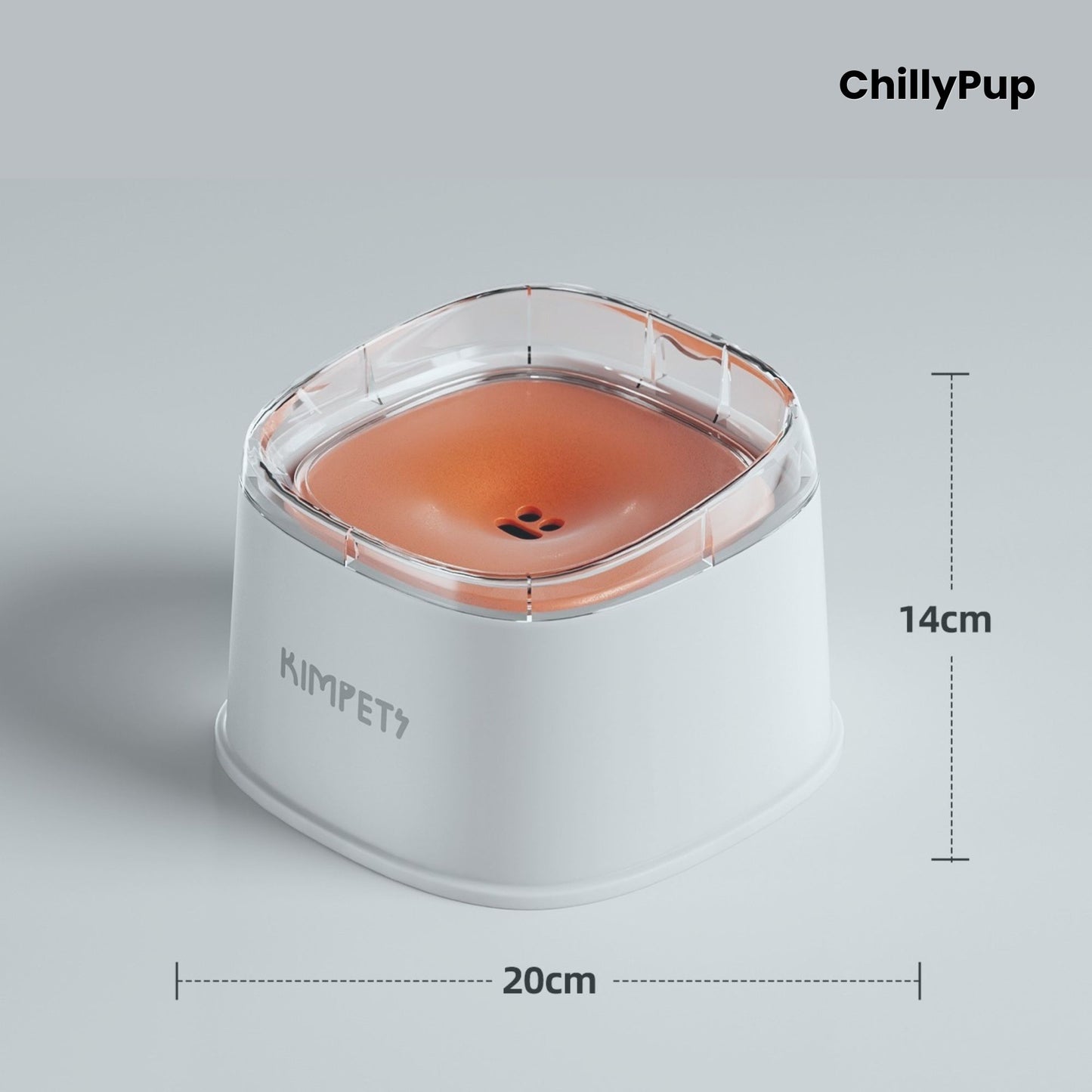 White and orange pet water bowl with clear lid, and dimensions on a grey background, ChillyPup brand visible.