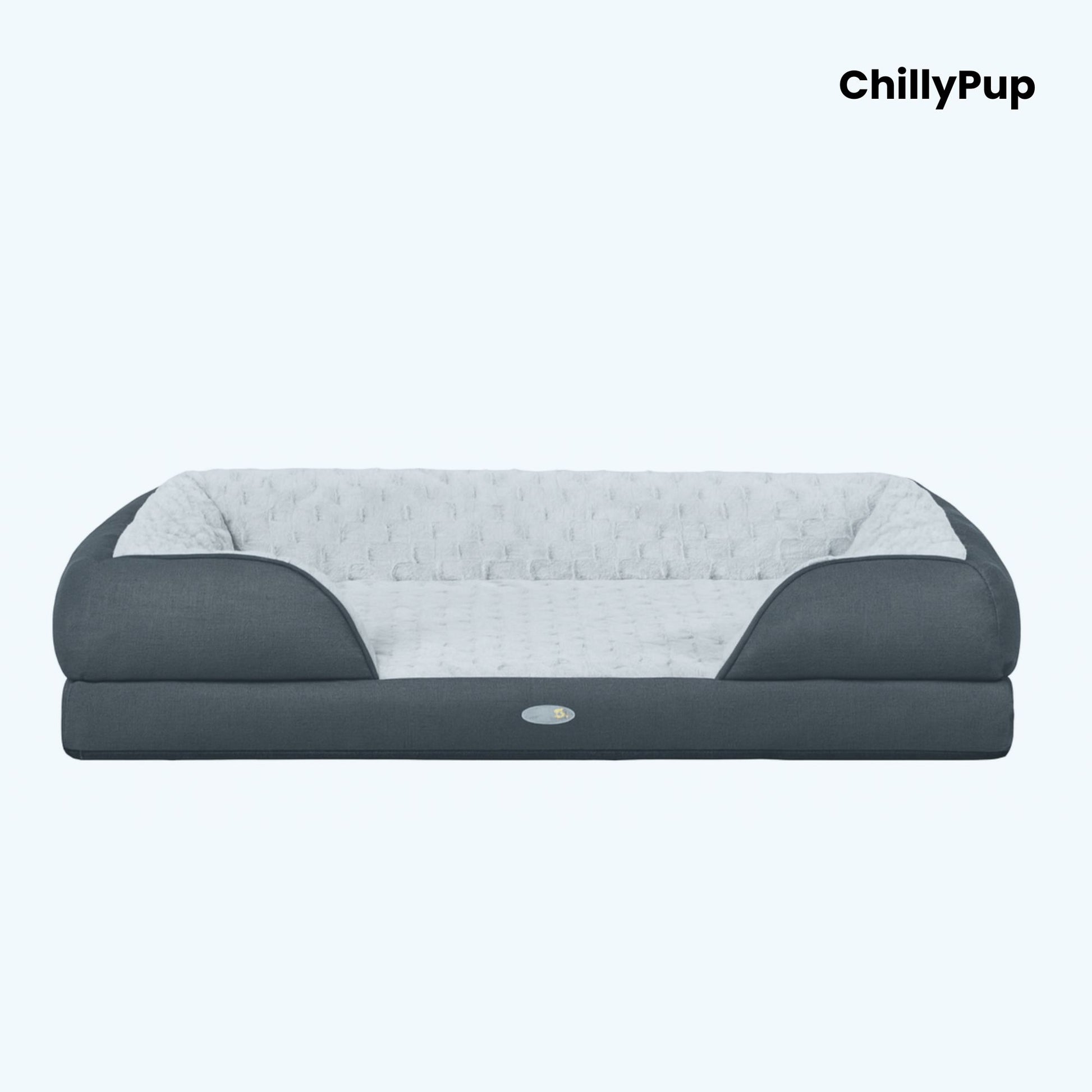 Grey pet bed with quilted design on a white background, branded 'ChillyPup'.