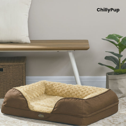 Brown pet bed with beige cushion on a wooden floor, 'ChillyPup' brand visible.